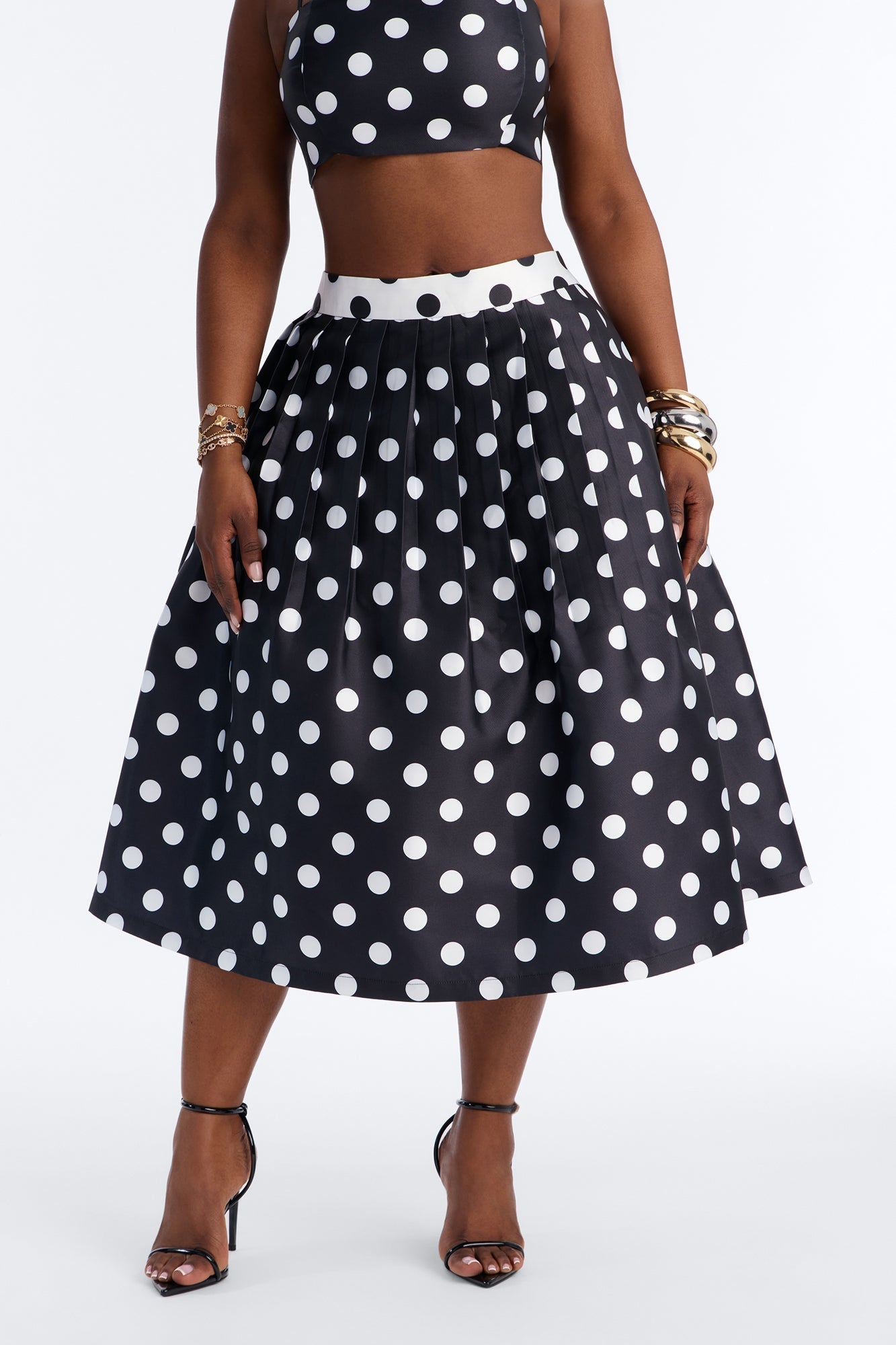 Marielle Pleated Polka Dot Midi Skirt - Black/White