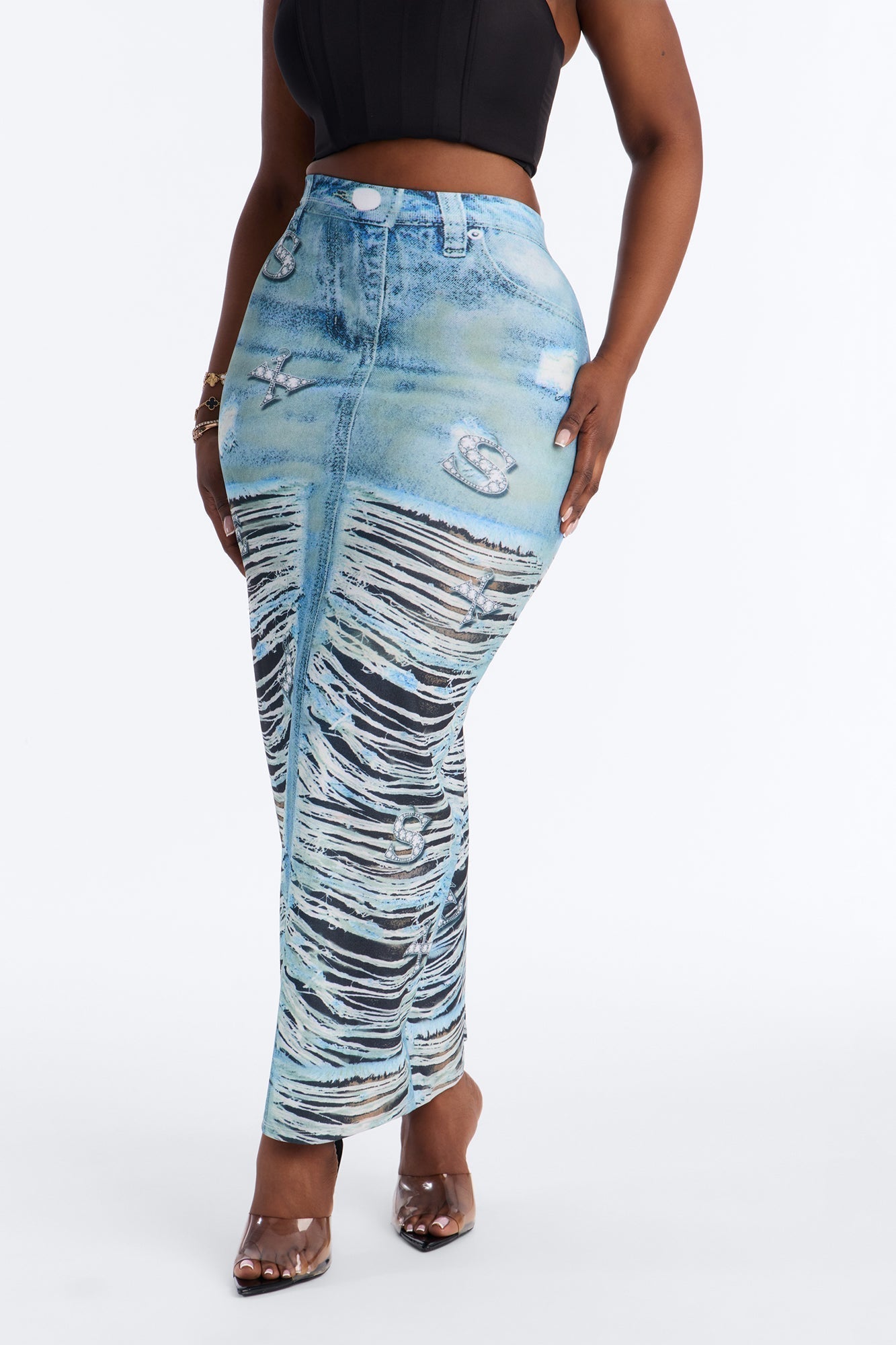 Bling Behavior Printed Knit Ankle Maxi Skirt - Blue/combo