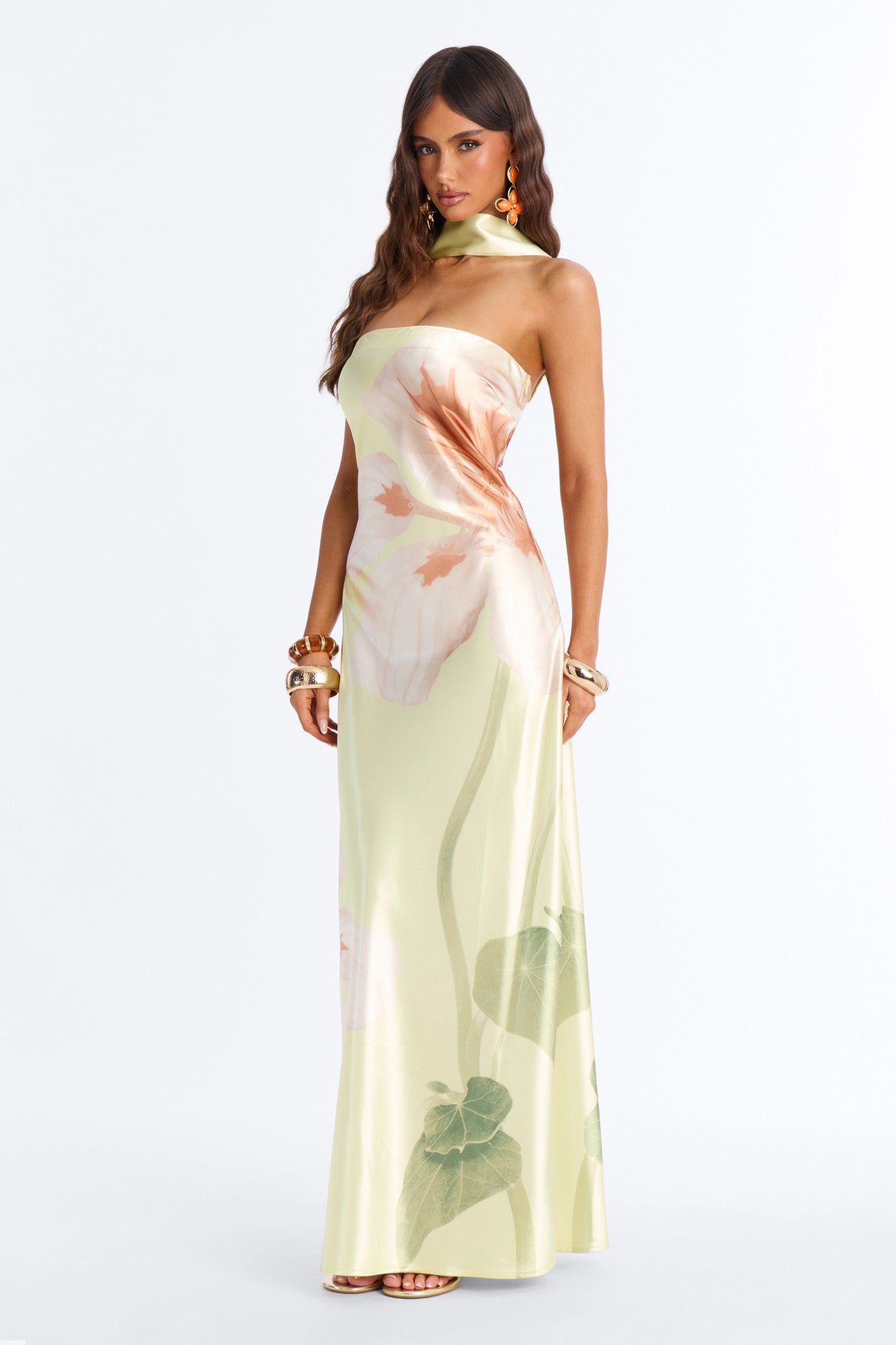 Jelissa Scarf Satin Maxi Dress - Yellow/combo