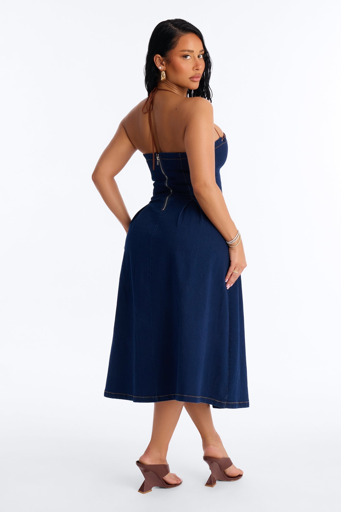 Karolina Lace Up Denim Midi Dress - Dark Wash