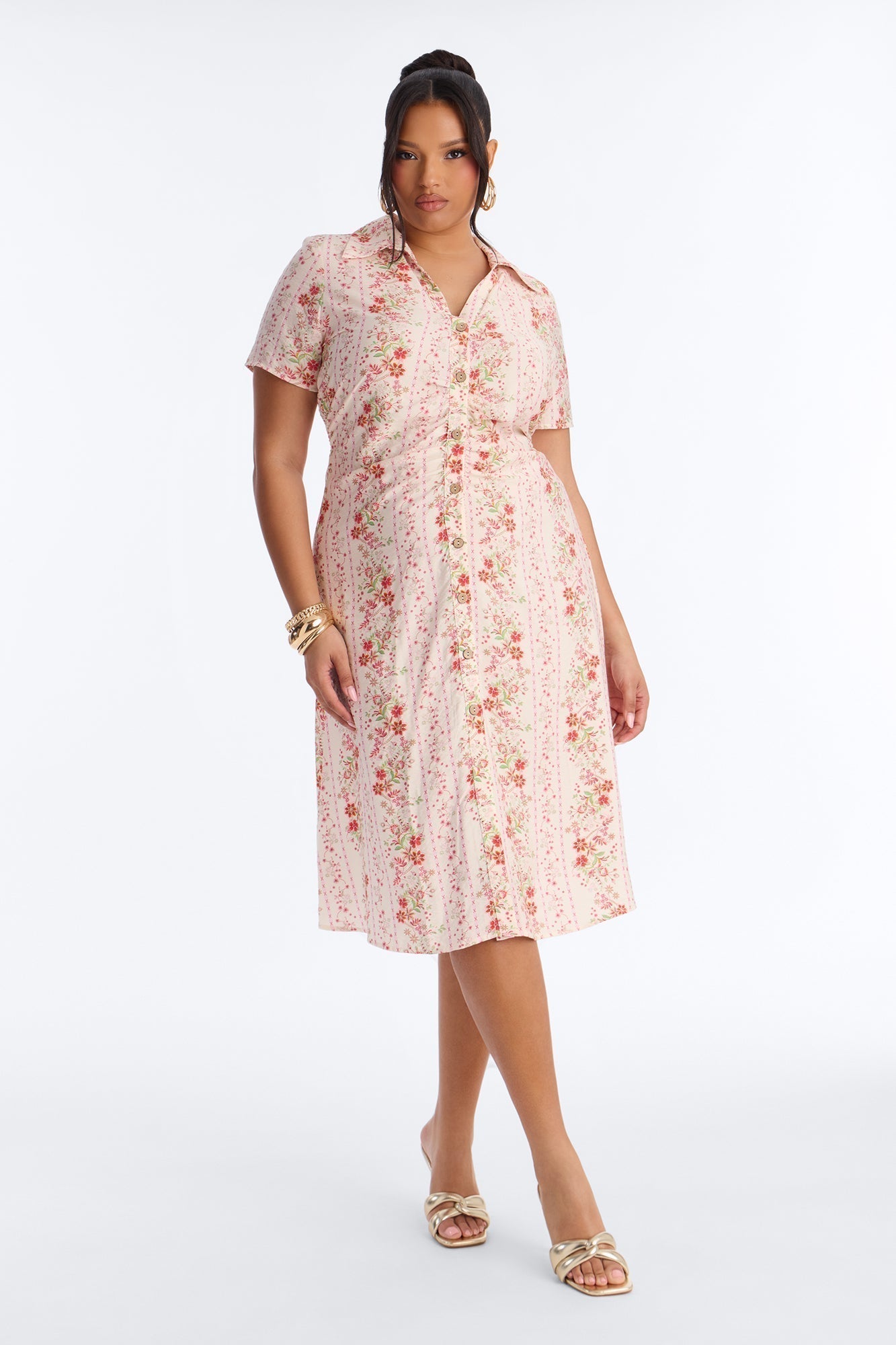 Selene Ruched Floral Midi Shirt Dress - Pink/combo