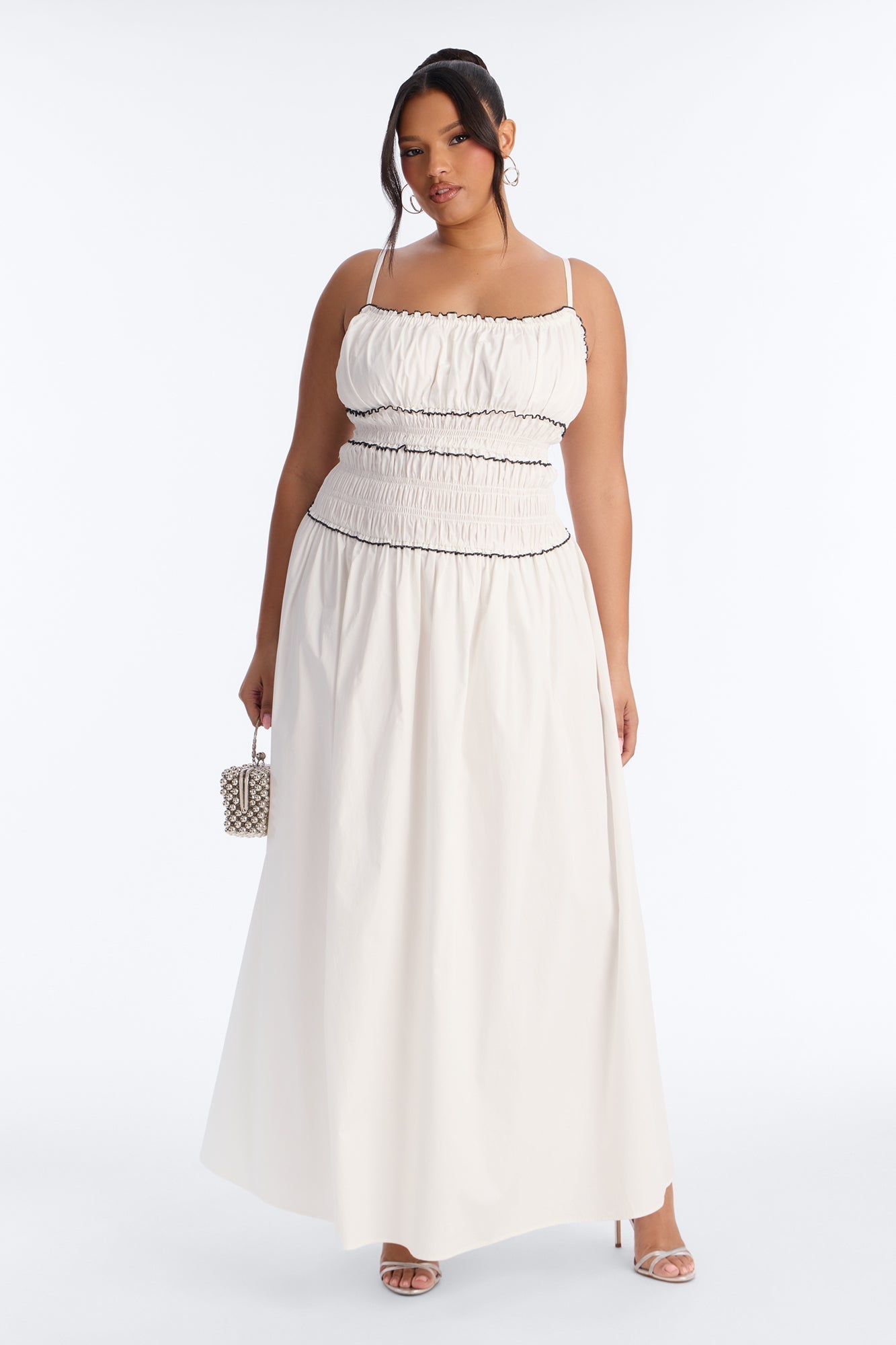 Coastal Breeze Ruched Maxi Dress - White/Black