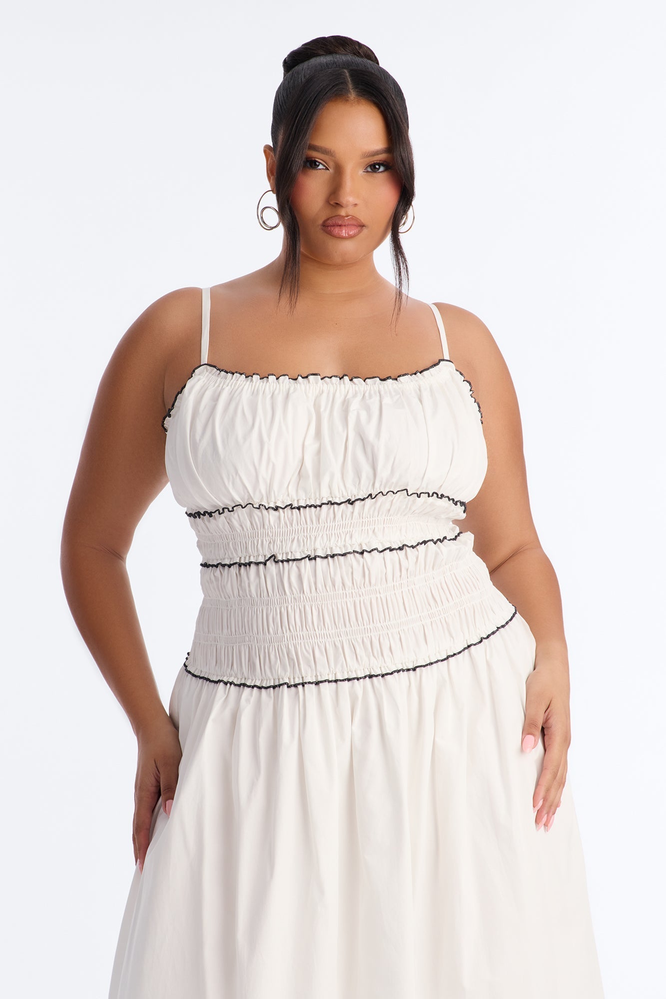 Coastal Breeze Ruched Maxi Dress - White/Black