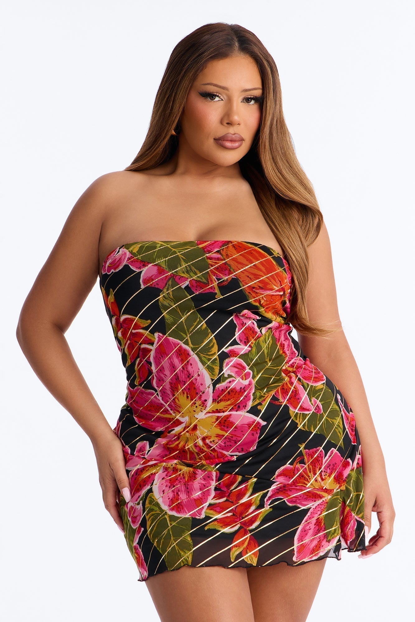 Fiona Strapless Mesh Mini Dress - Pink/combo