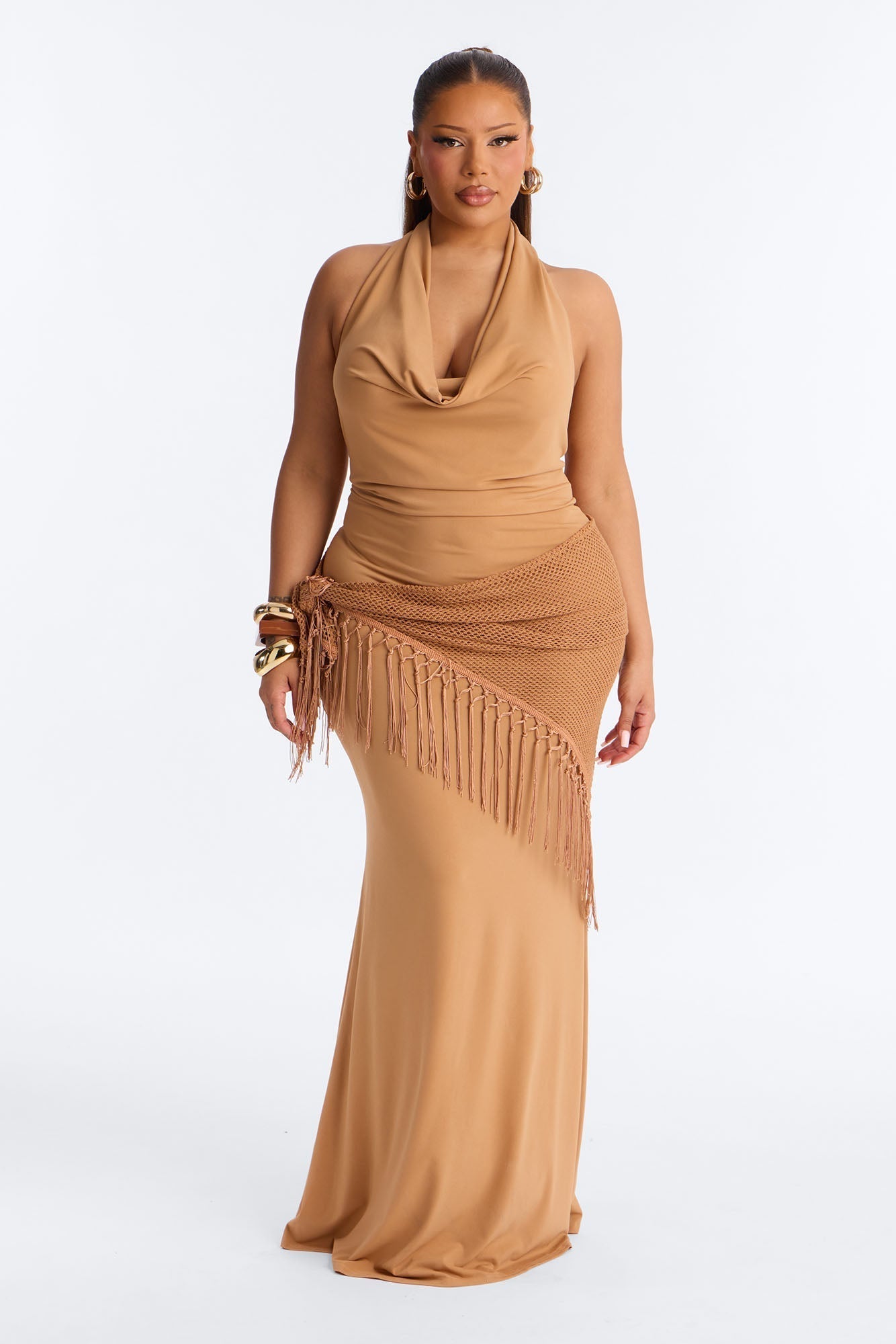 Santorini 2 Piece Fringe Scarf Maxi Dress - Camel