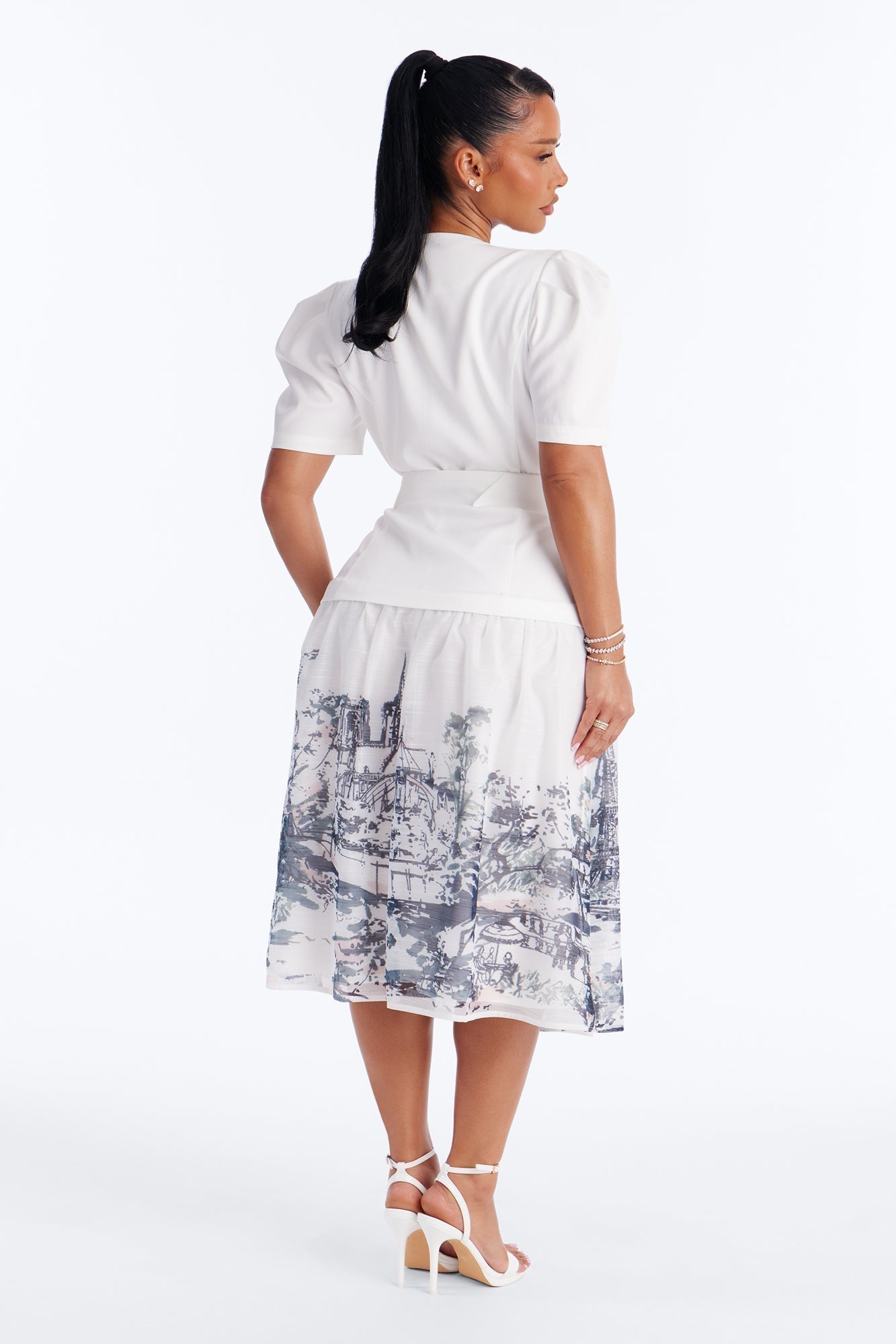 Margaret Belted Print Midi Dress - White/Blue