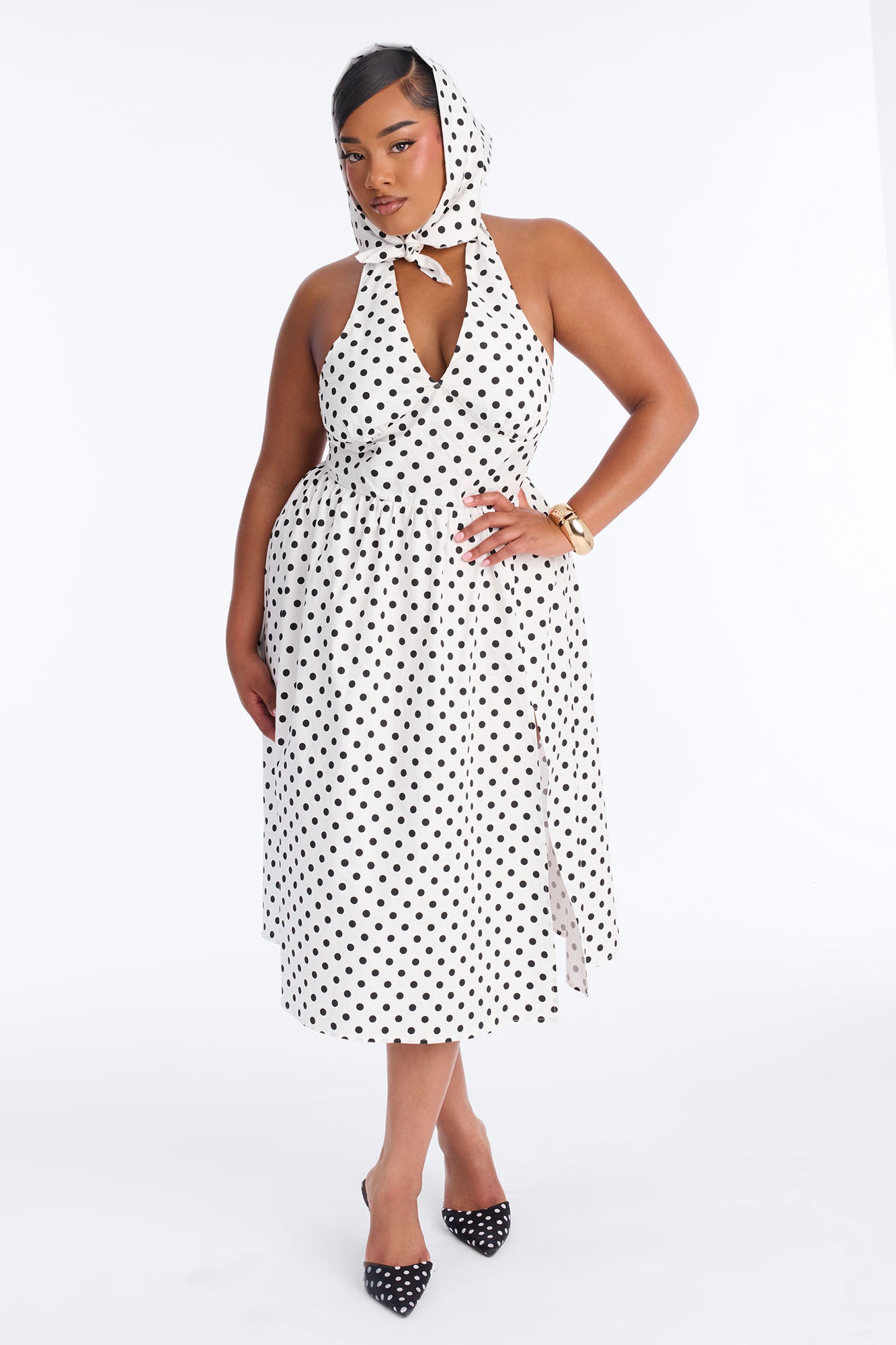 Darla Halter Polka Dot Midi Dress - White/Black