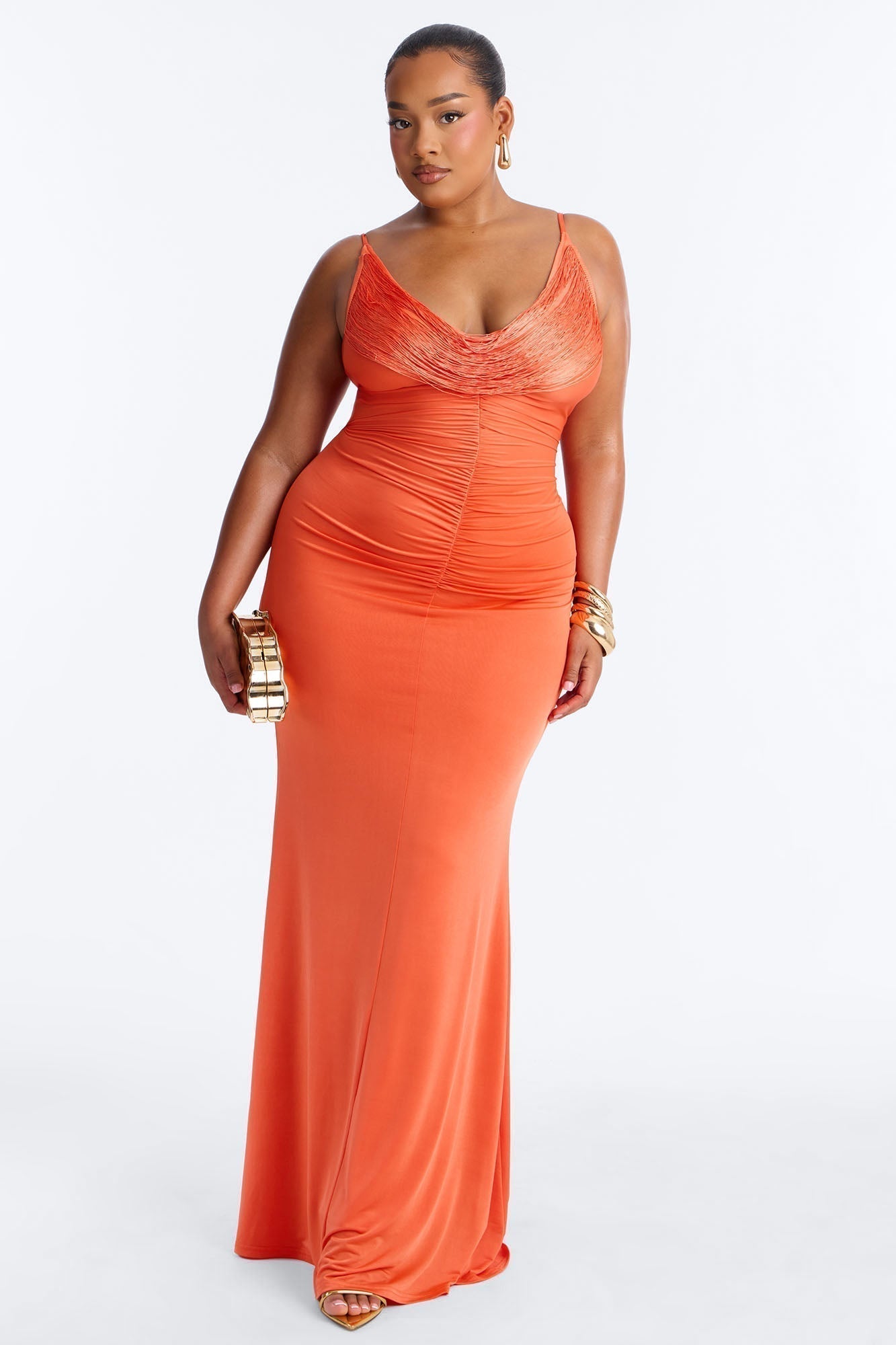 Sofia Ruched Fringe Maxi Dress - Orange