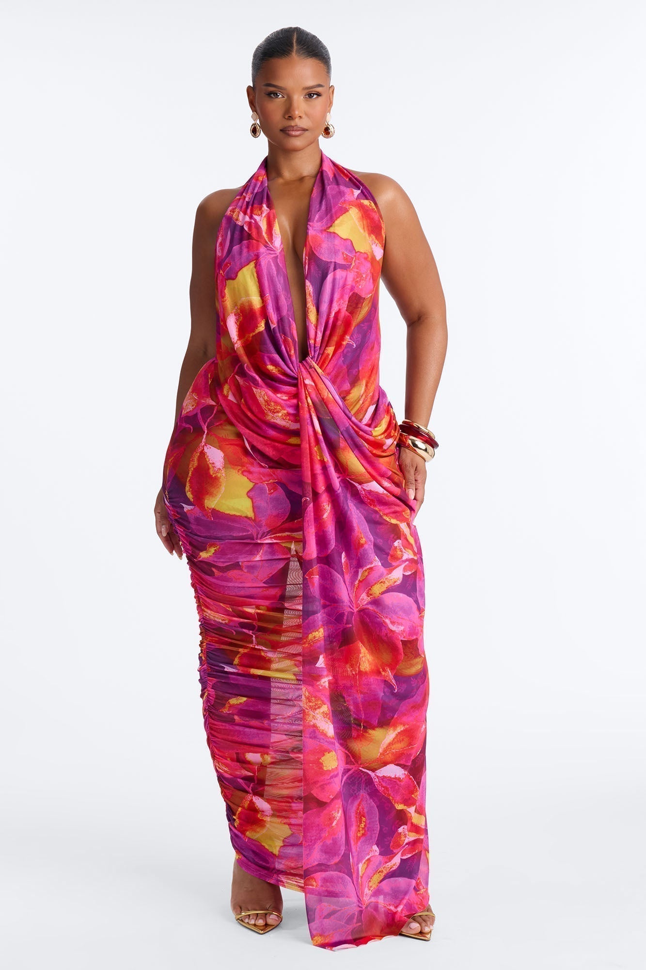Kyla Halter Printed Mesh Maxi Dress - Magenta/combo