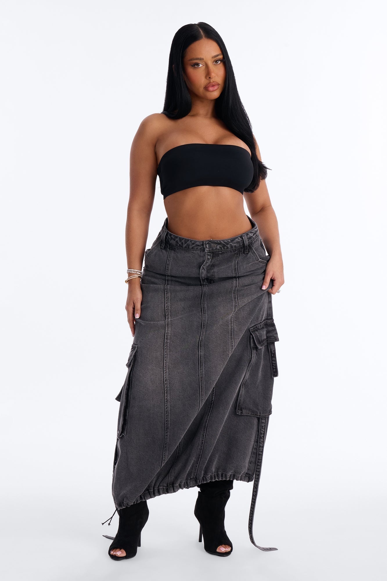 Cool Girl Low Rise Denim Cargo Jogger Maxi Skirt - Charcoal