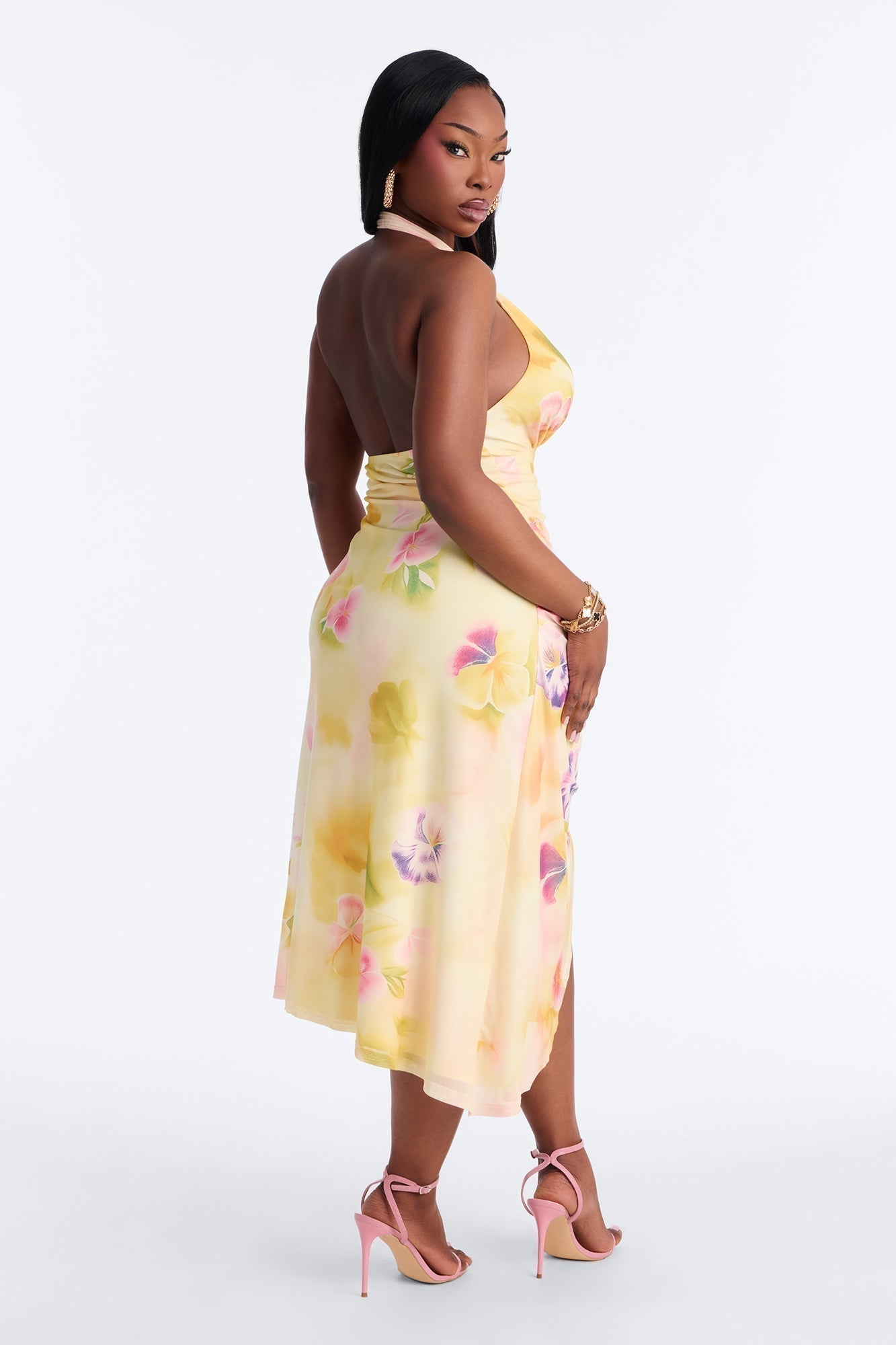 Kaitlin Floral Mesh Midi Dress - Yellow/combo