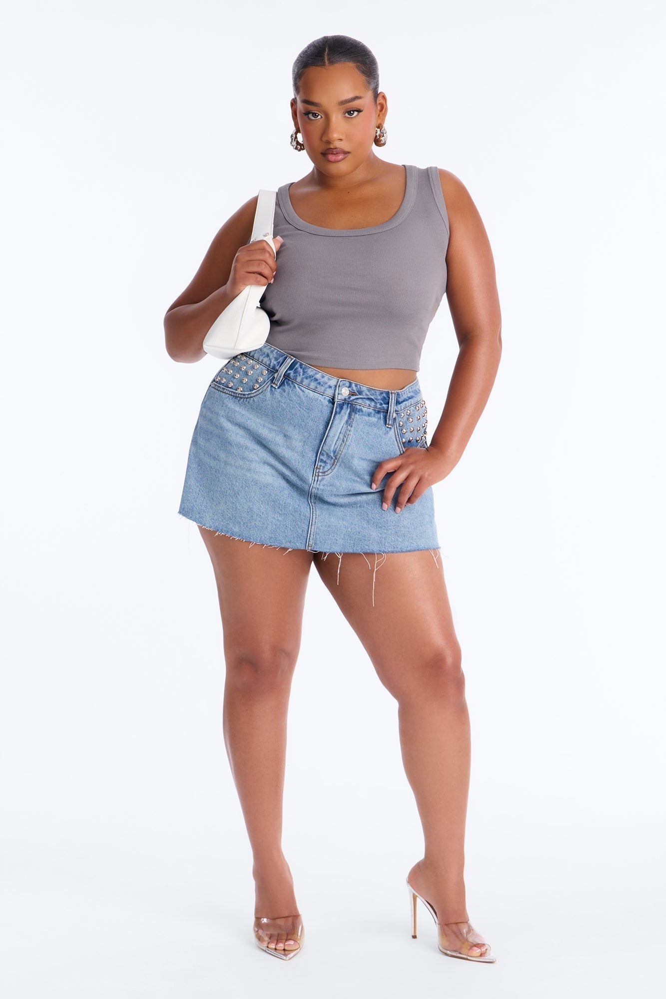 Gone Rogue Studded Denim Mini Skort - Medium Wash