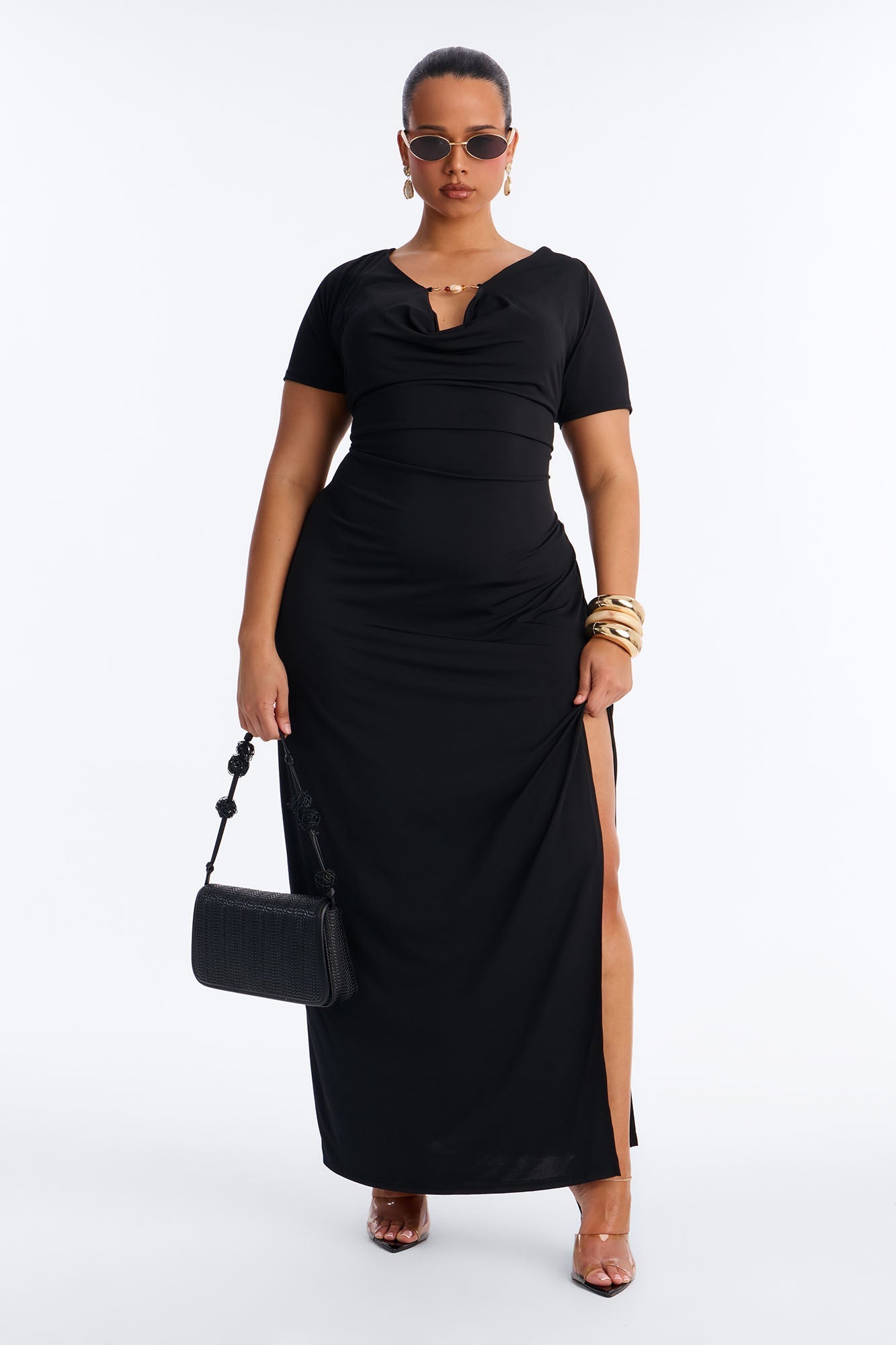 Angelica Beaded Cowl Neck Maxi Dress - Black