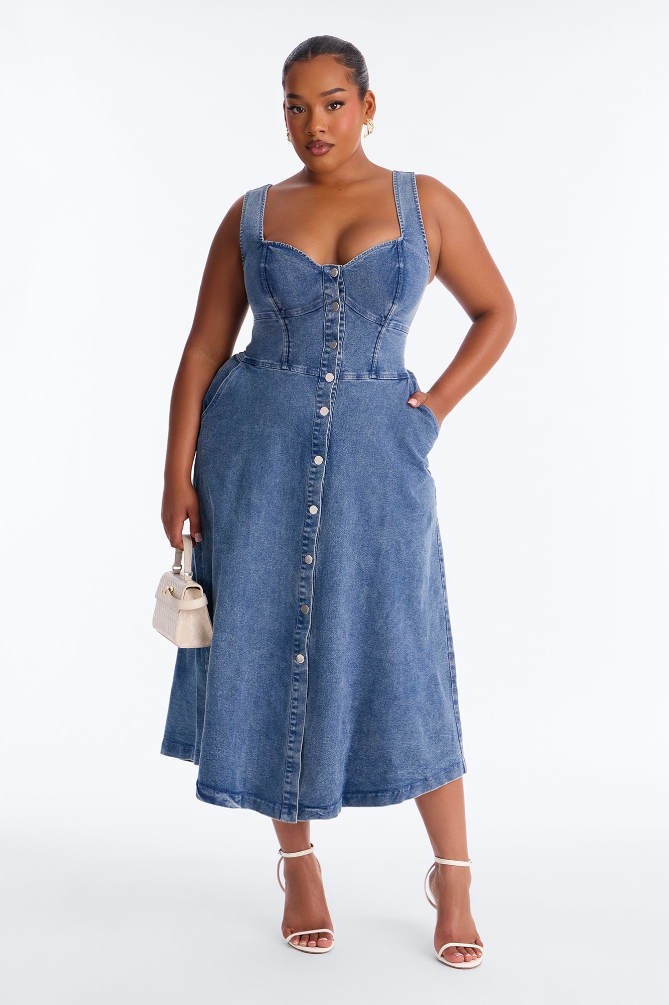 Cara Button Up Denim Midi Dress - Denim