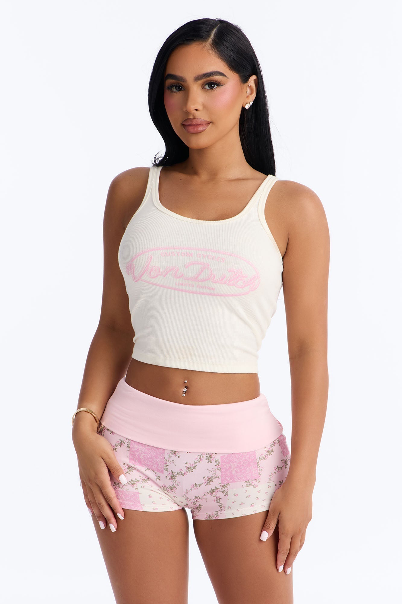 Nessa Mid Rise Fold Over Biker Shorts - Pink/combo