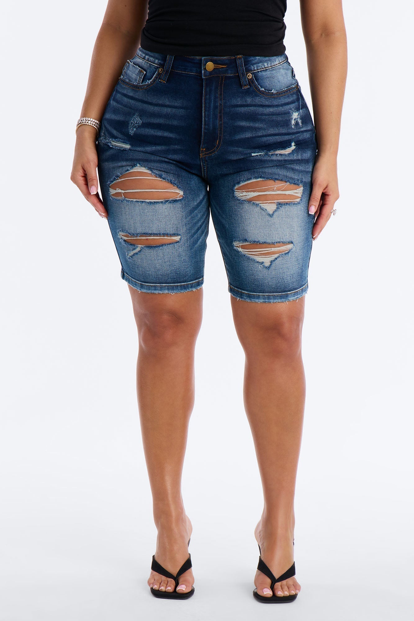 On The List Deluxe Ripped Stretch Bermuda Shorts - Dark Wash