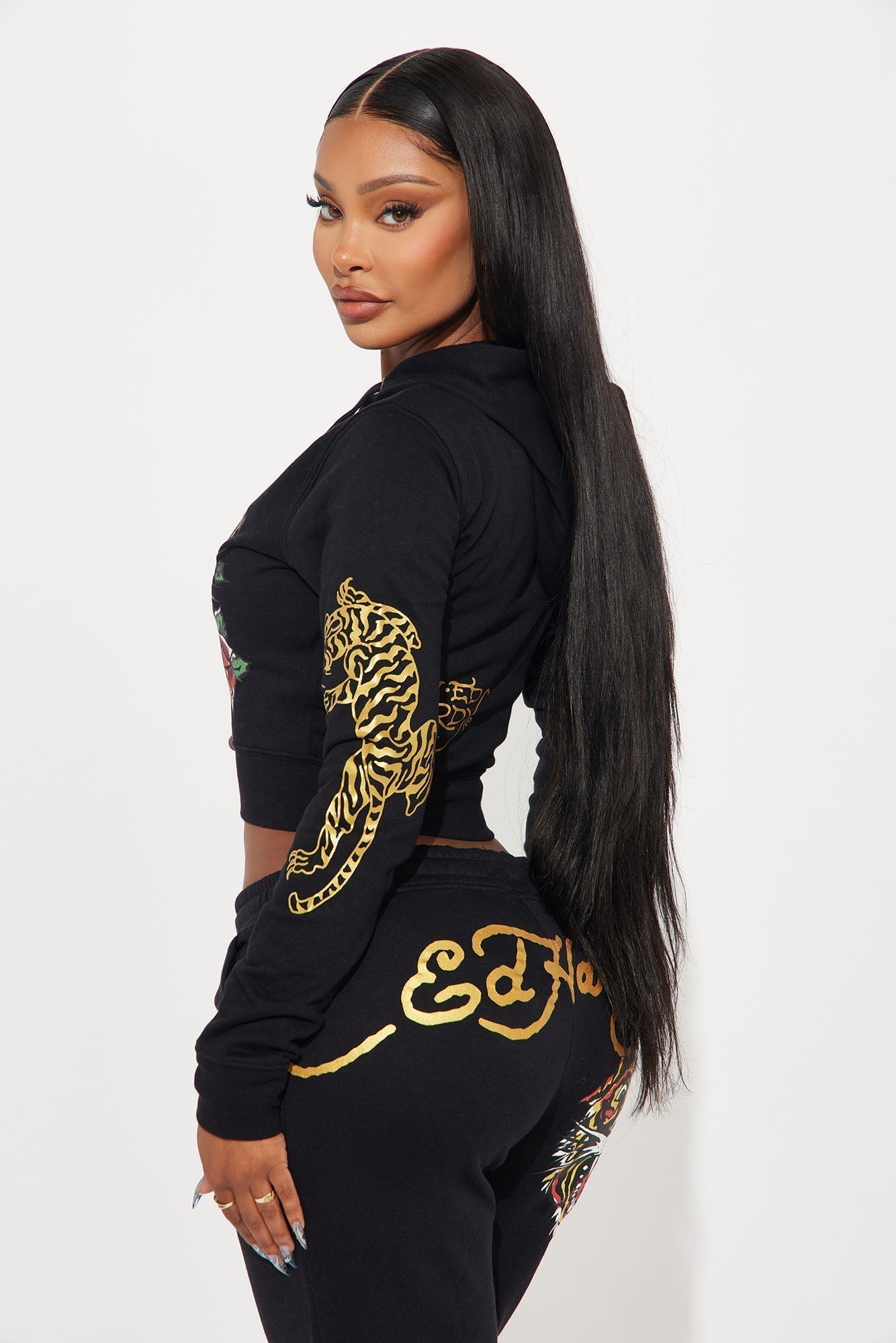 Ed Hardy Retro Tiger Zip Front Hoodie - Black