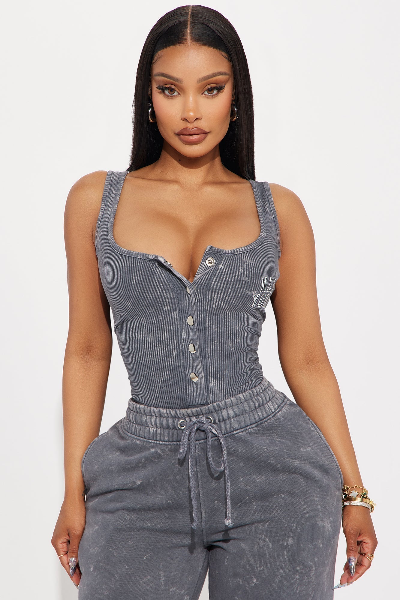 New York Washed Bodysuit - Charcoal