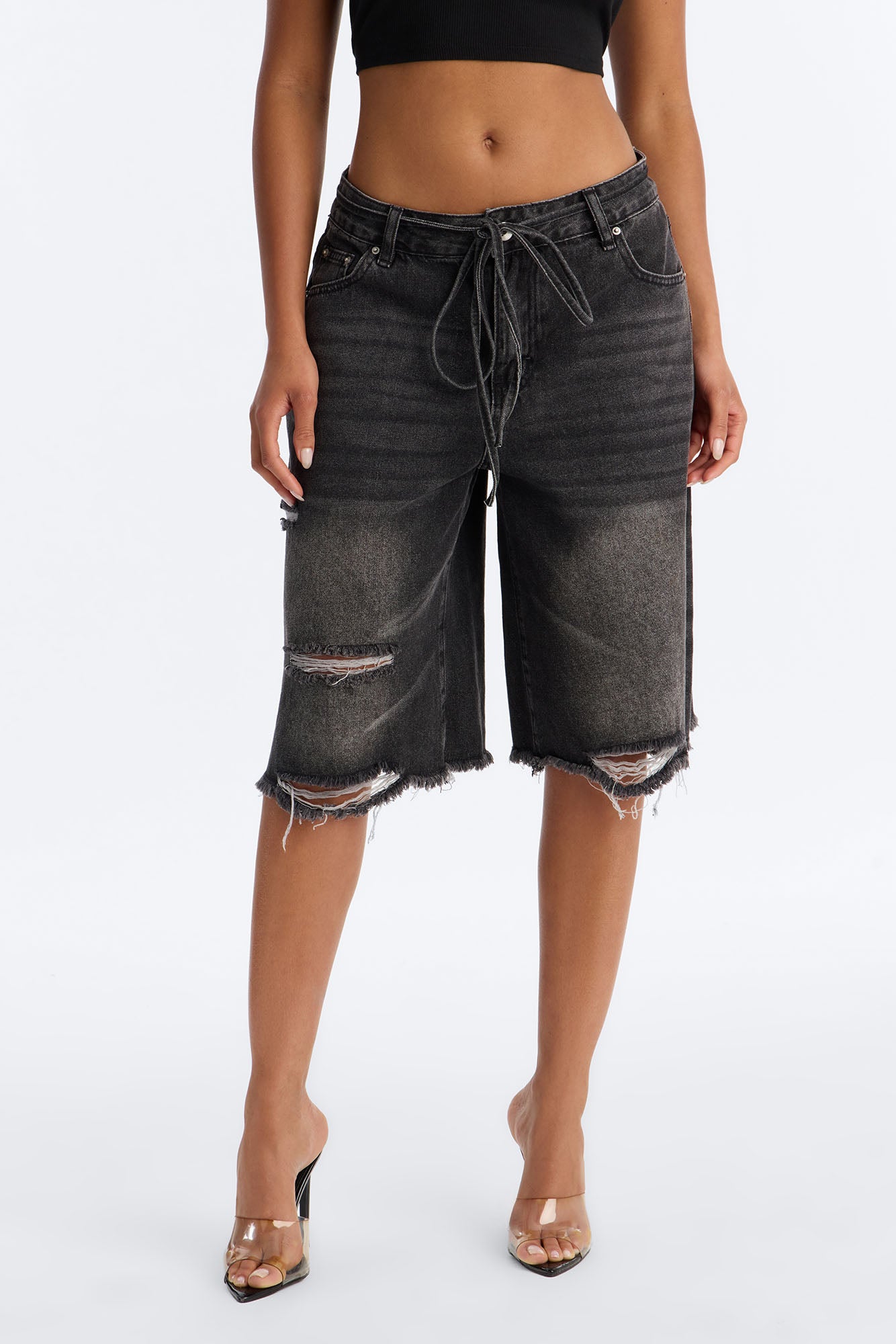 Ludlow Tie Waist Ripped Denim Jorts - Black Wash