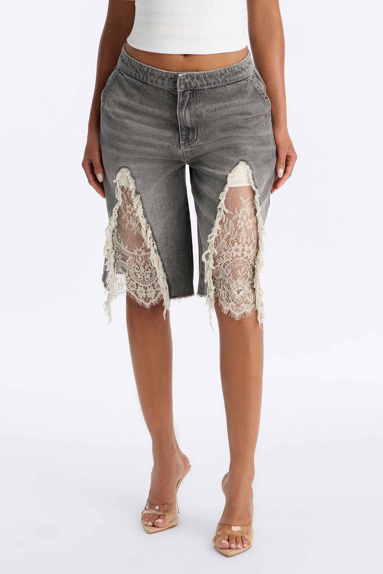The Way It Goes Lace Detail Denim Jorts - Grey