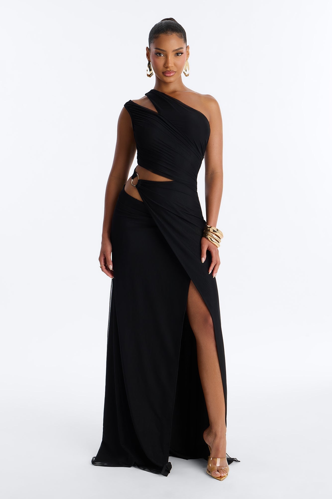 Peyton Ruched Mesh Maxi Dress - Black