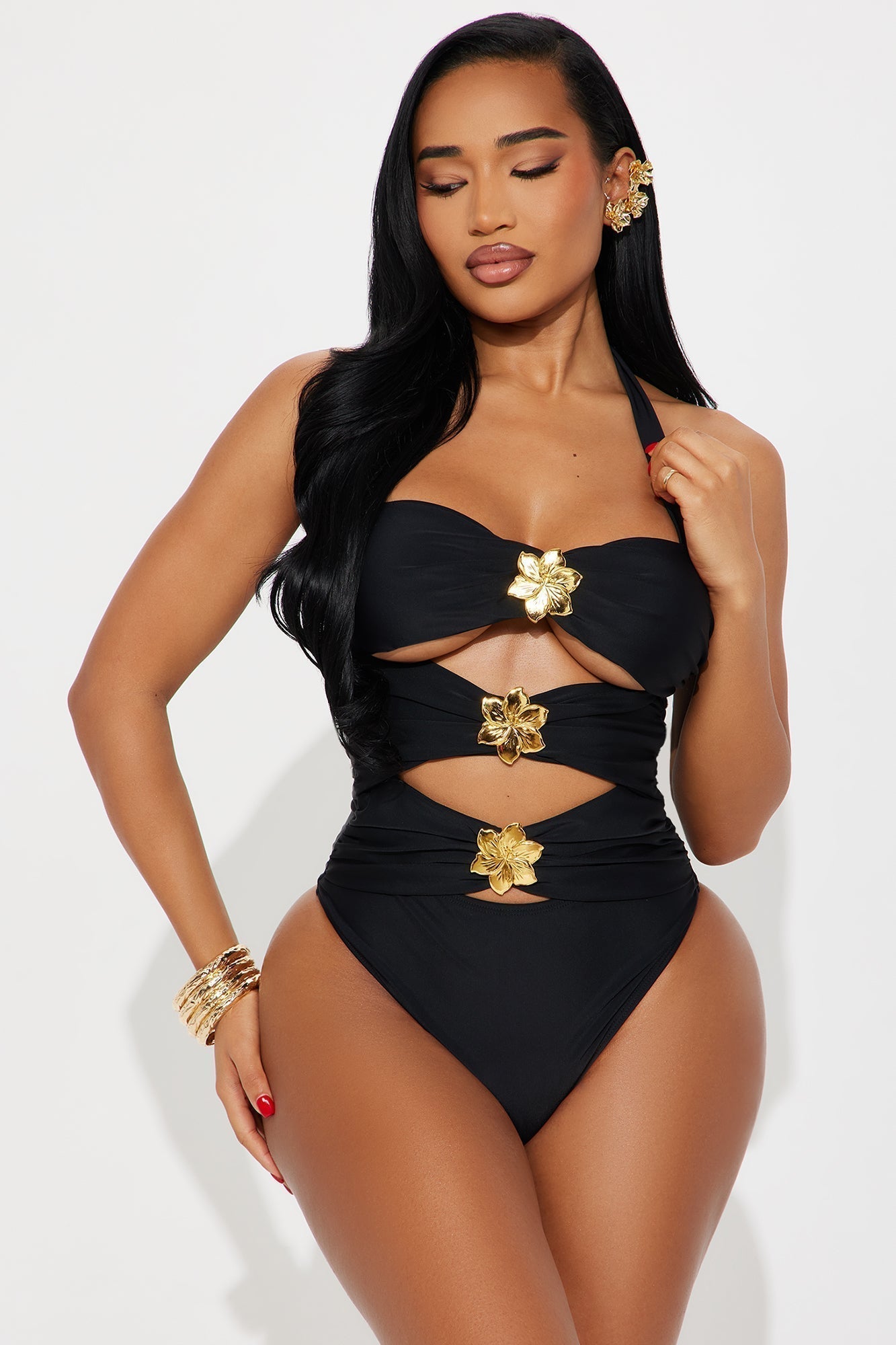 Summer Flower Hardware Cutout 1 Piece & Cover Up Skirt Set - Black
