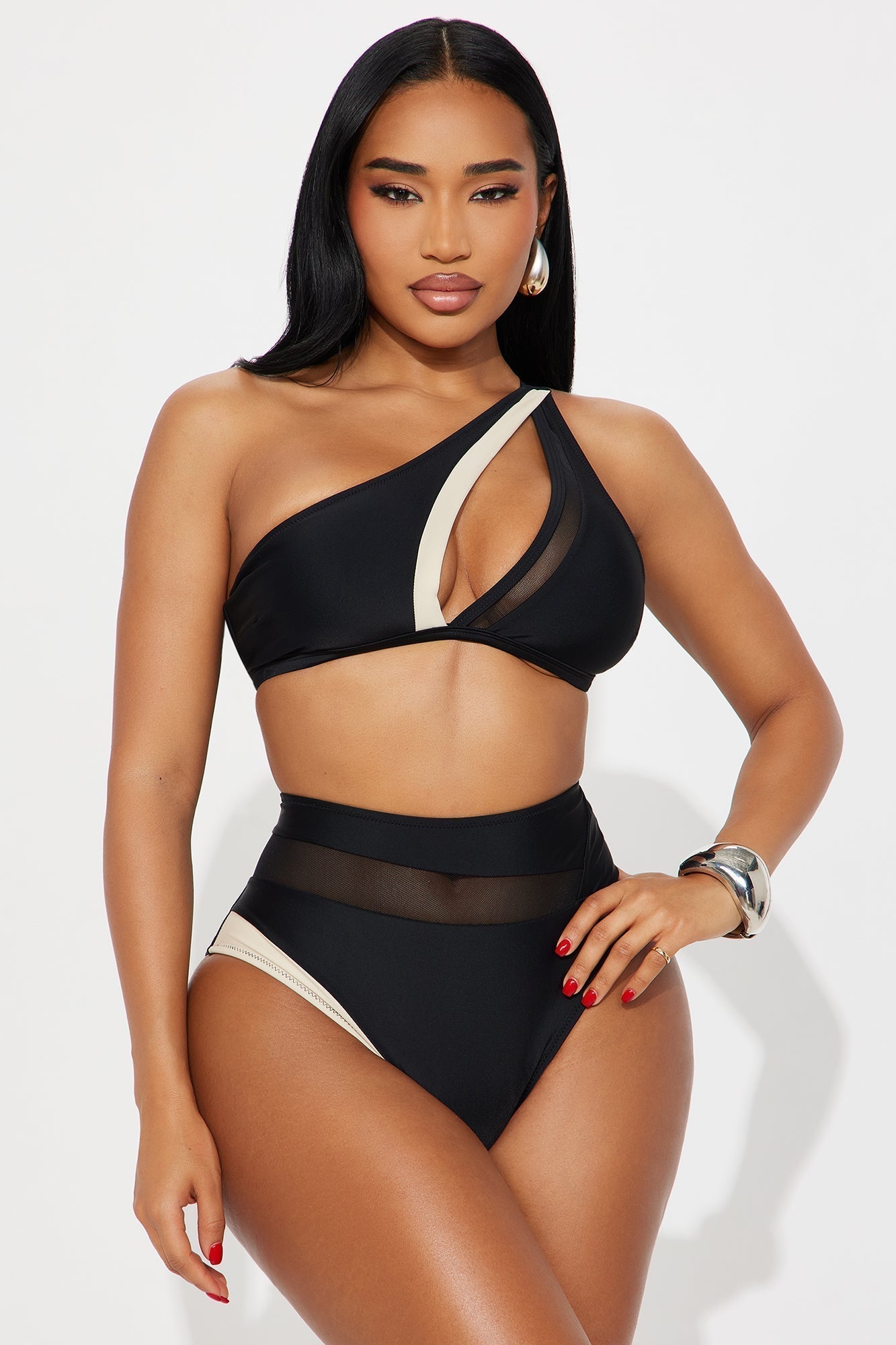 Marie One Shoulder Contrast 2 Piece Bikini - Black/White