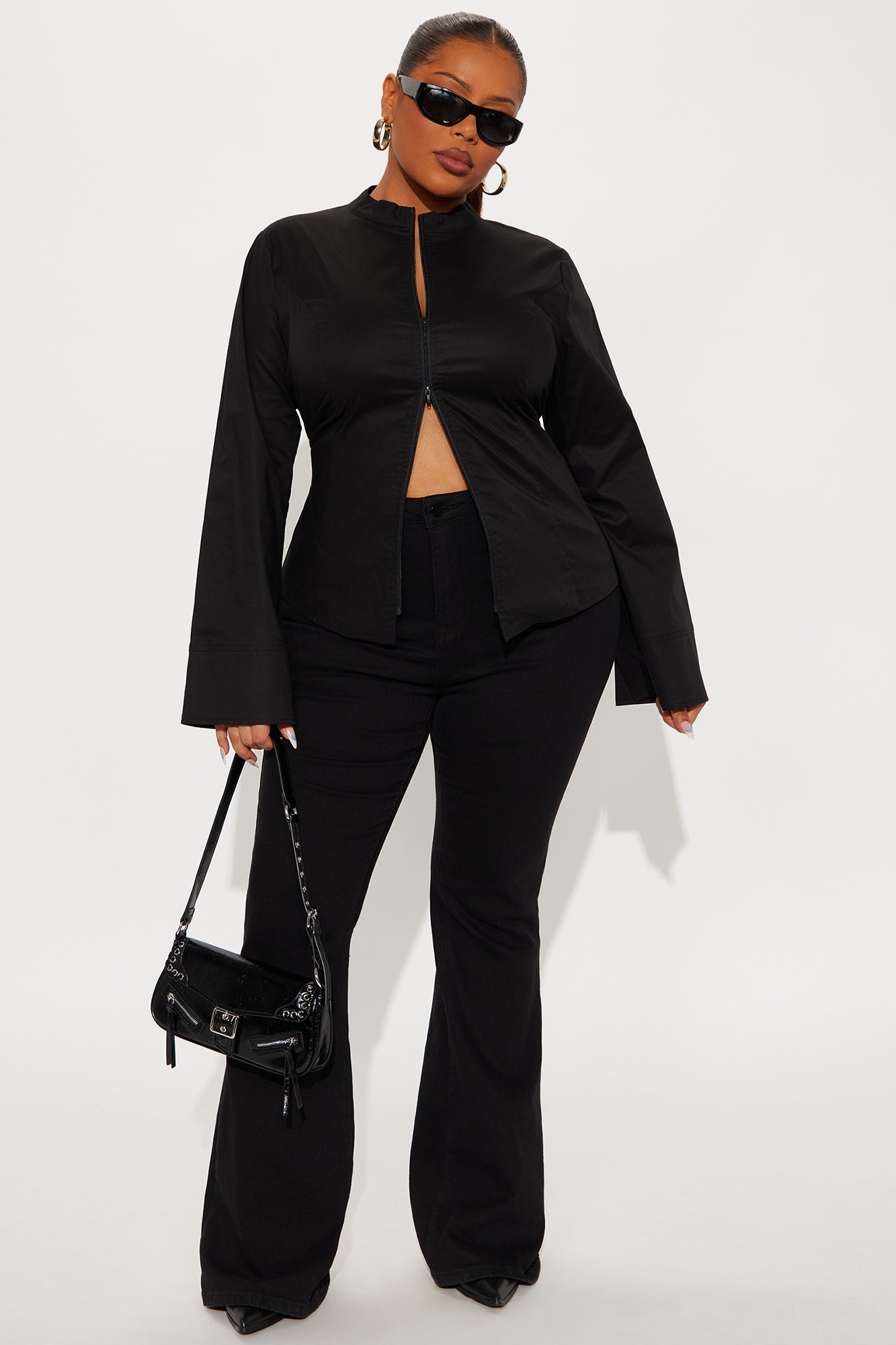 Kara Poplin Zip Up Shirt - Black