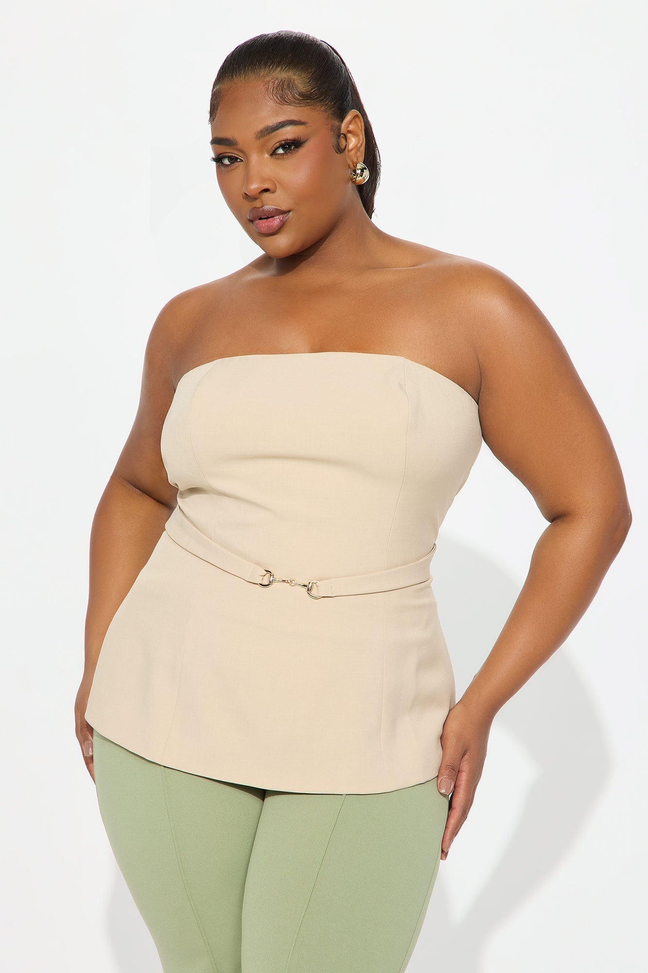 Karla Belted Strapless Top - Khaki