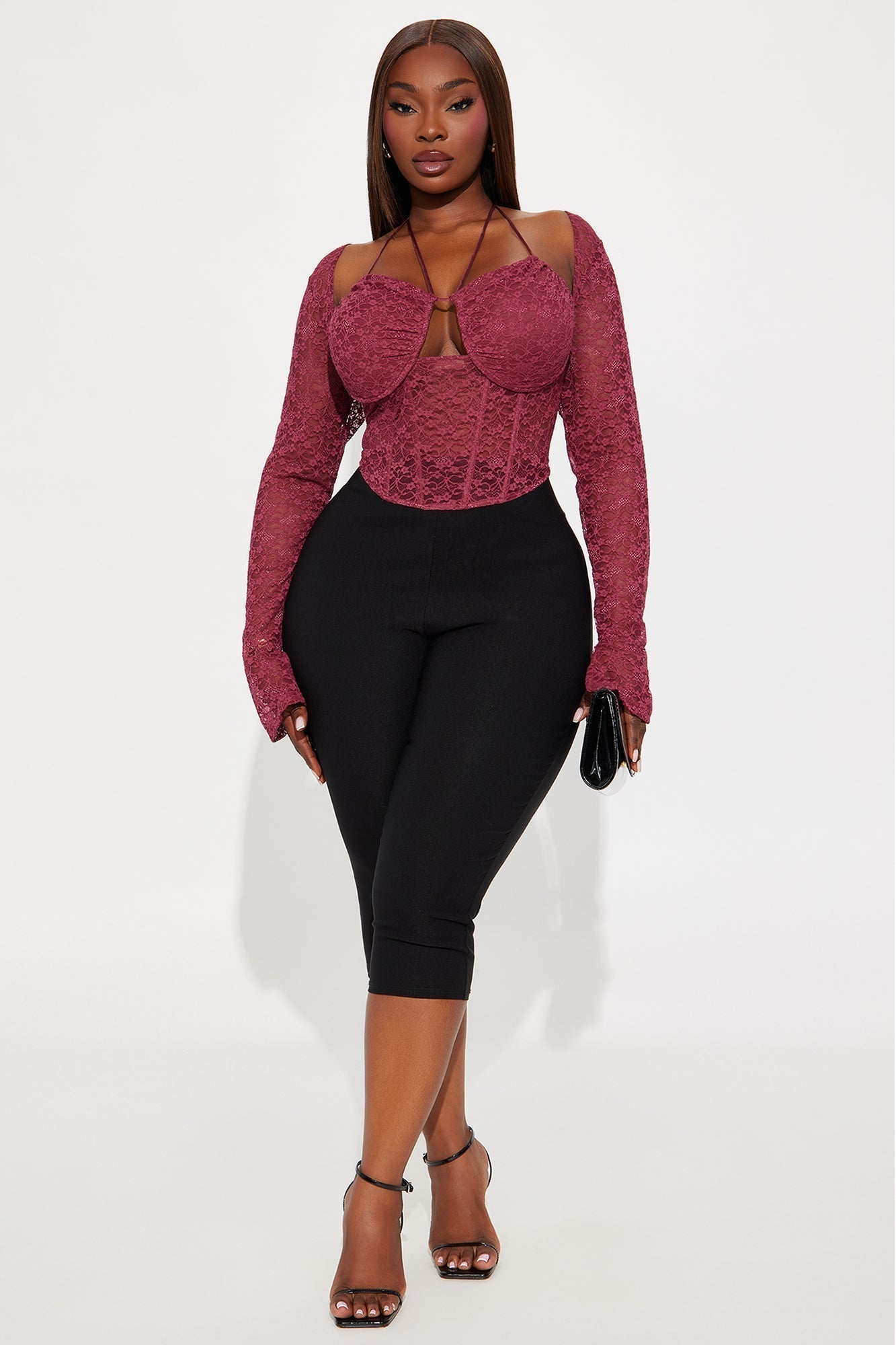Evelyn Lace Long Sleeve Corset Top - Burgundy