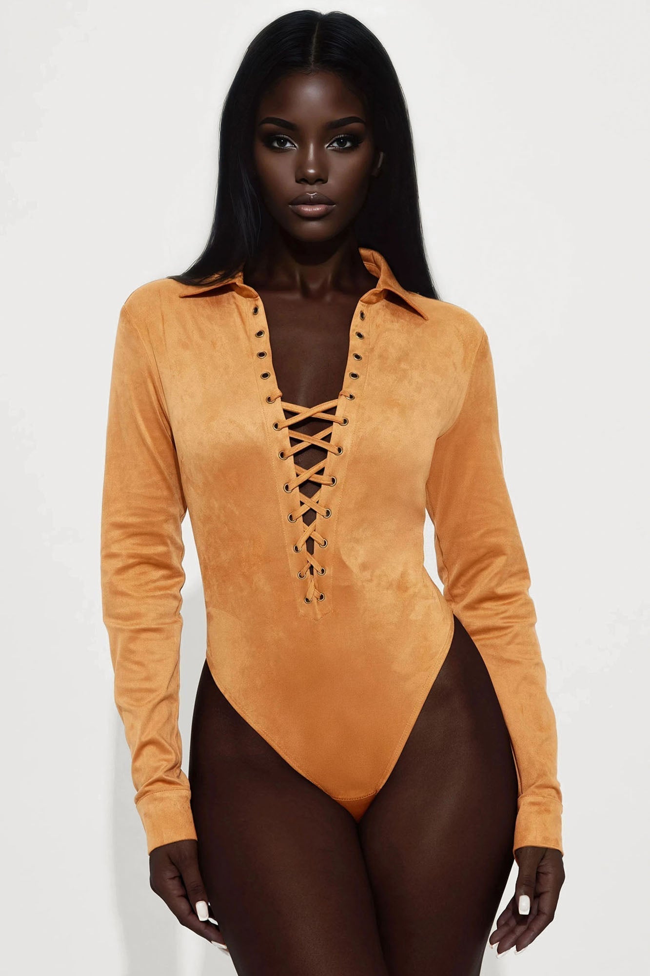 River Long Sleeve Lace Up Bodysuit - Camel