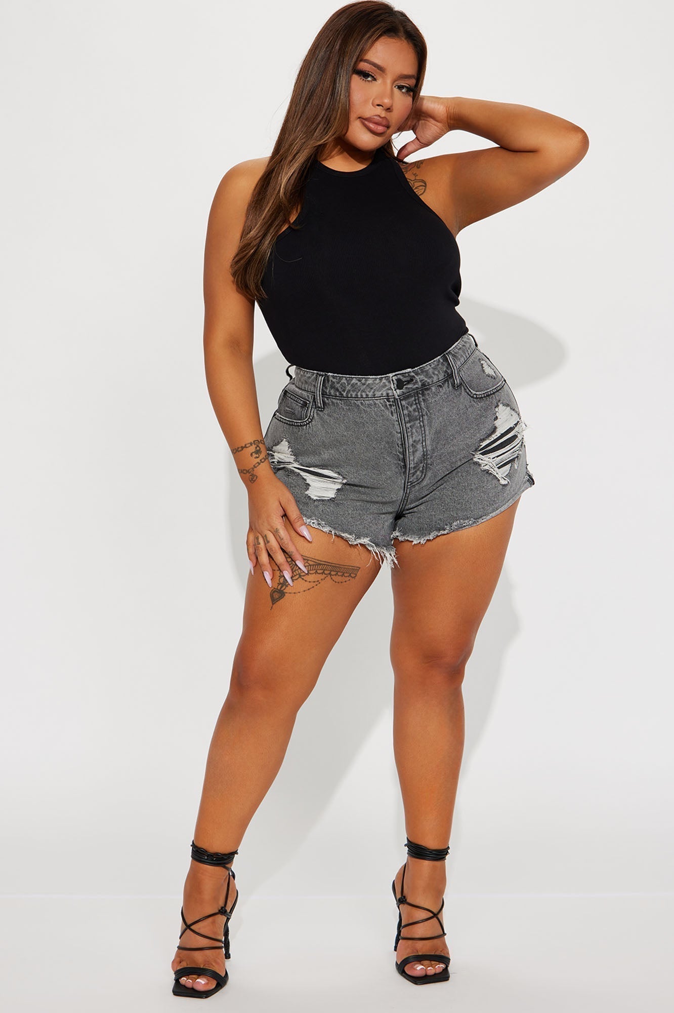 Clover Distressed Non Stretch Denim Shorts - Acid Wash Black