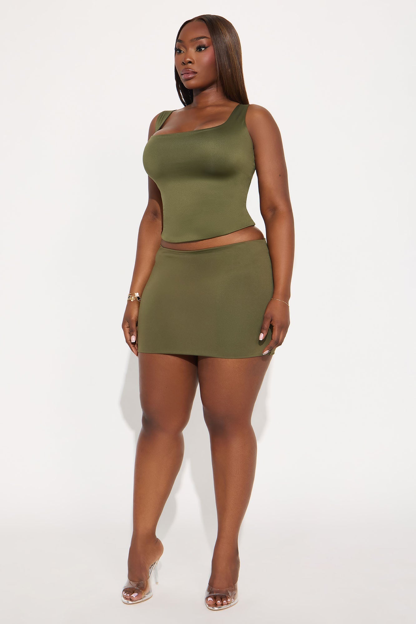 Contour Double Lined Square Neck Tank Top - Military Green