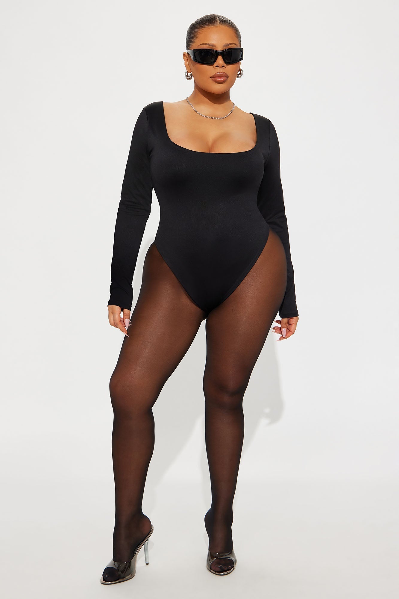 Contour Double Lined Long Sleeve Wide Scoop Neck Bodysuit - Black