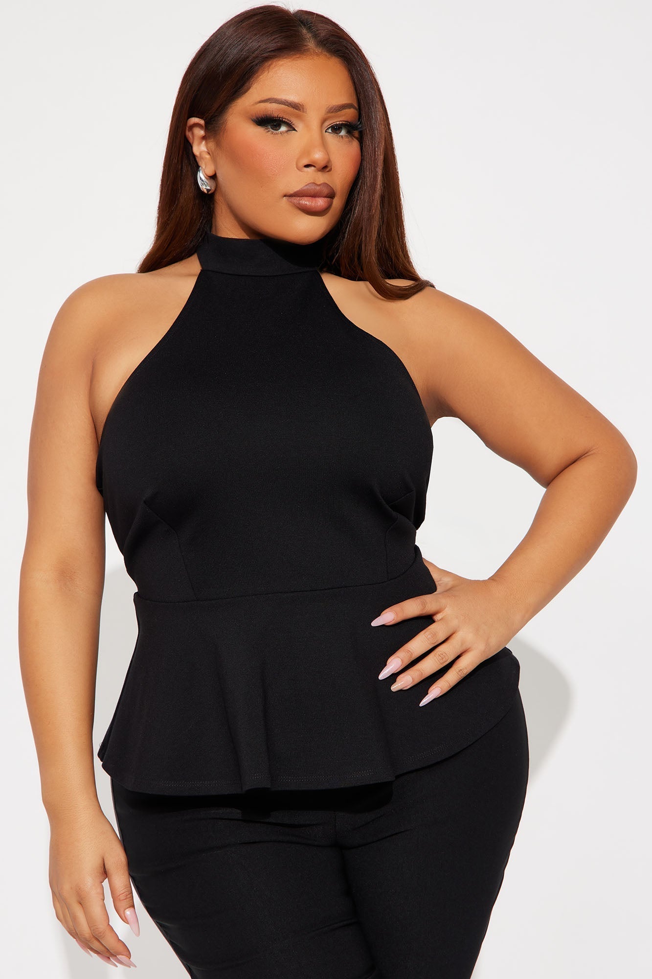 Fleur Ponte Peplum Halter Top - Black