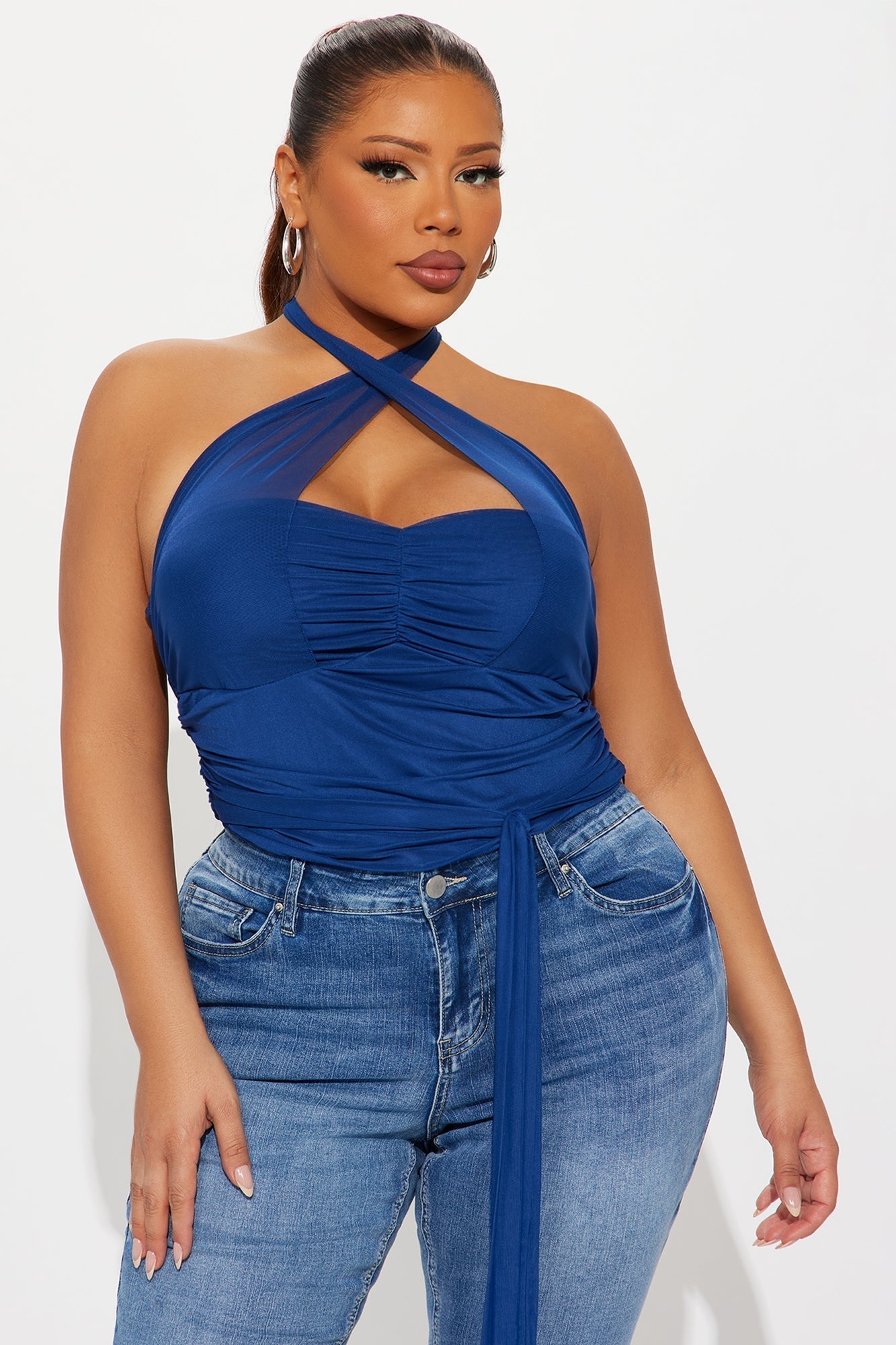 Brea Criss Cross Mesh Halter Top - Navy