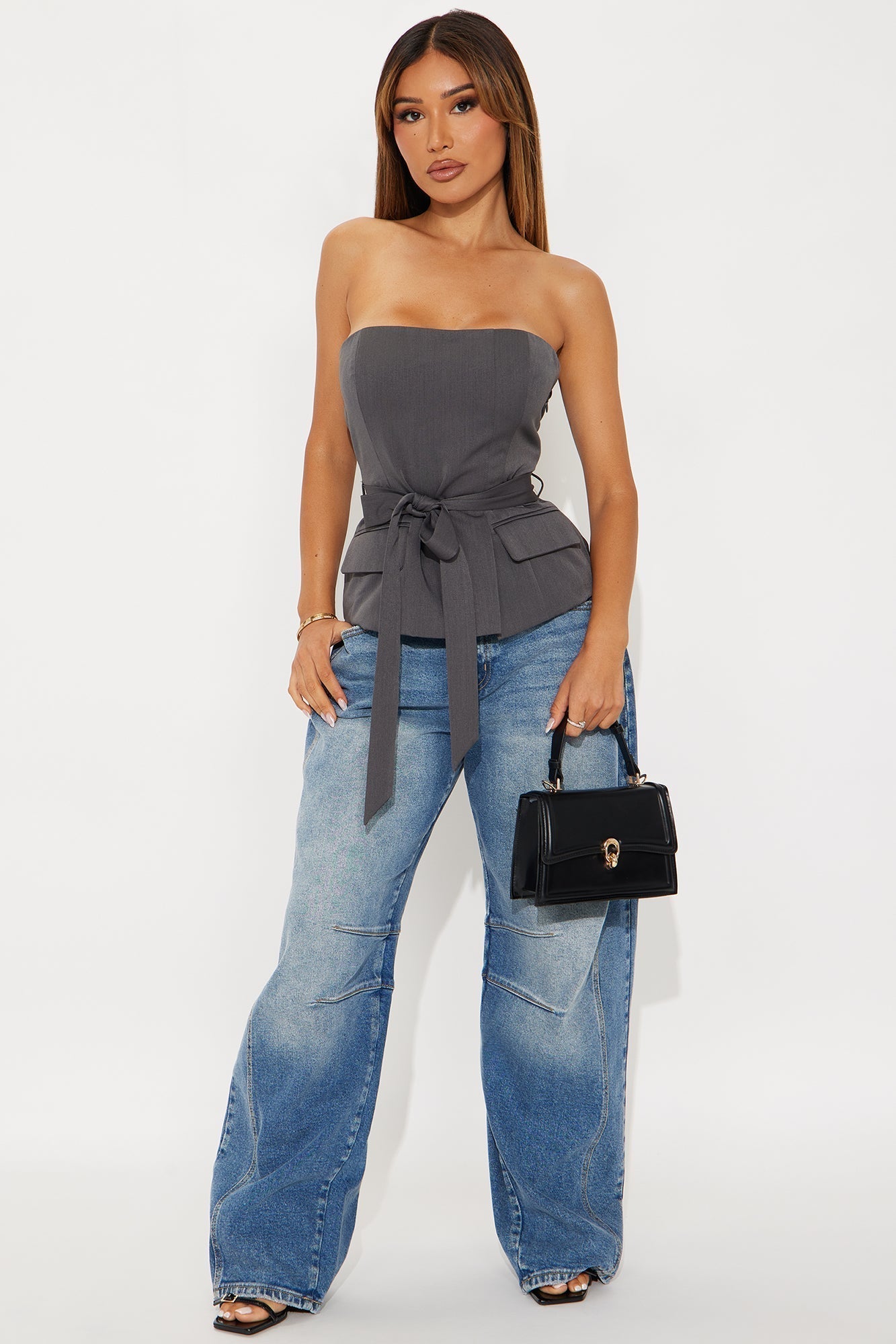 Work Behavior Tie Front Tube Top - Charcoal