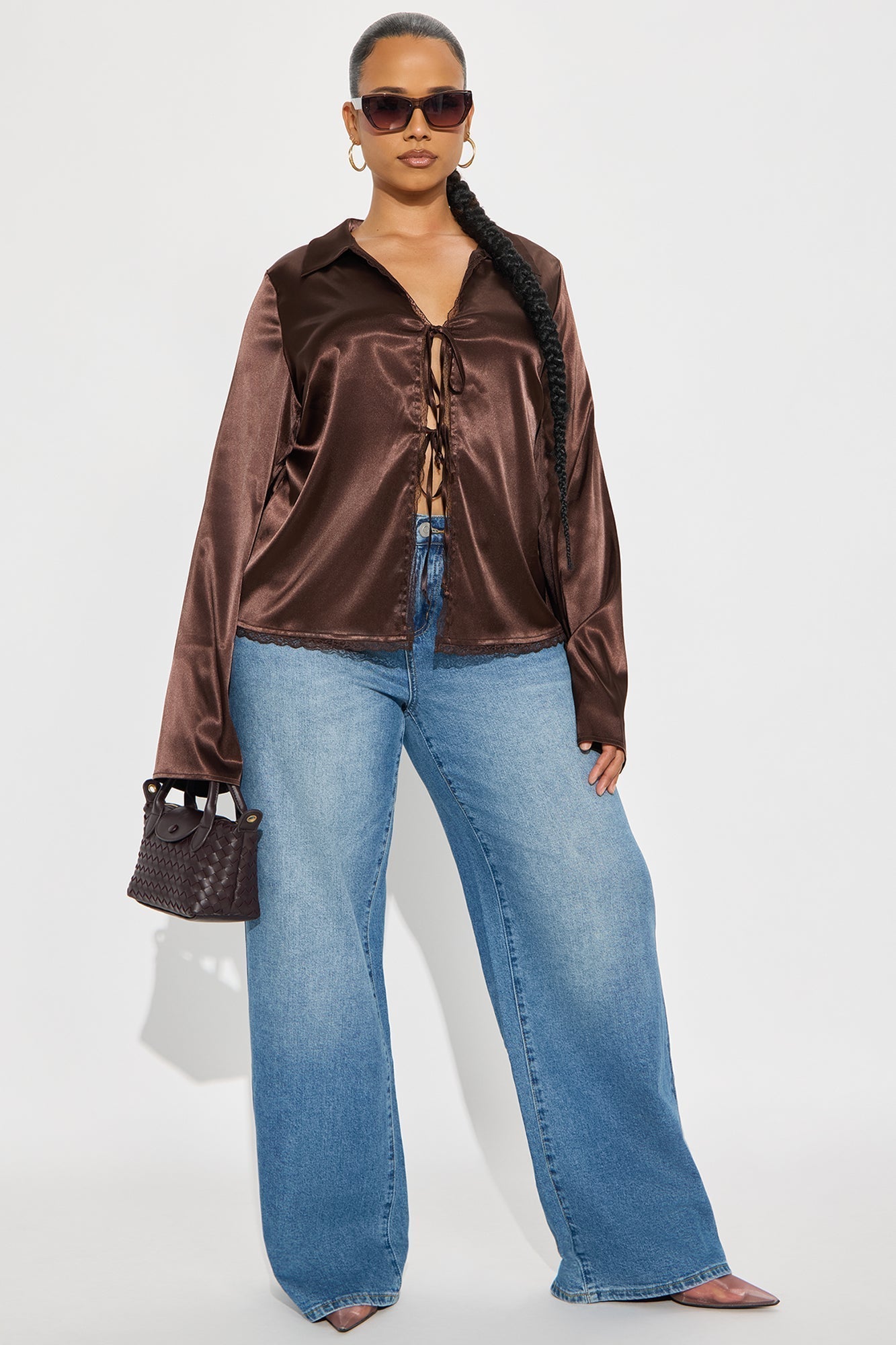Midnight Snack Tie Front Satin Blouse - Chocolate