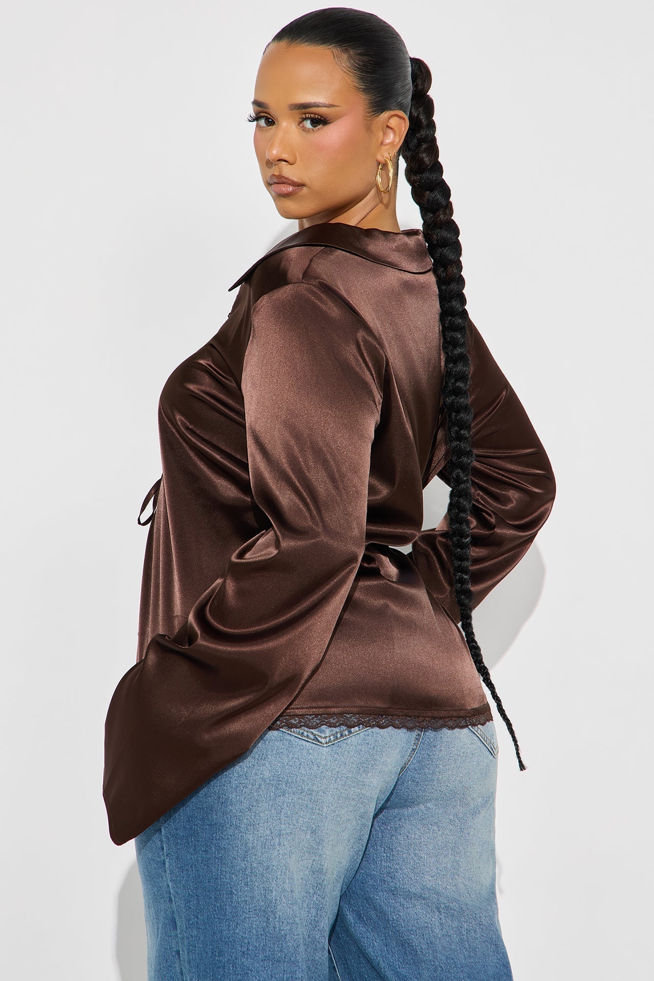 Midnight Snack Tie Front Satin Blouse - Chocolate