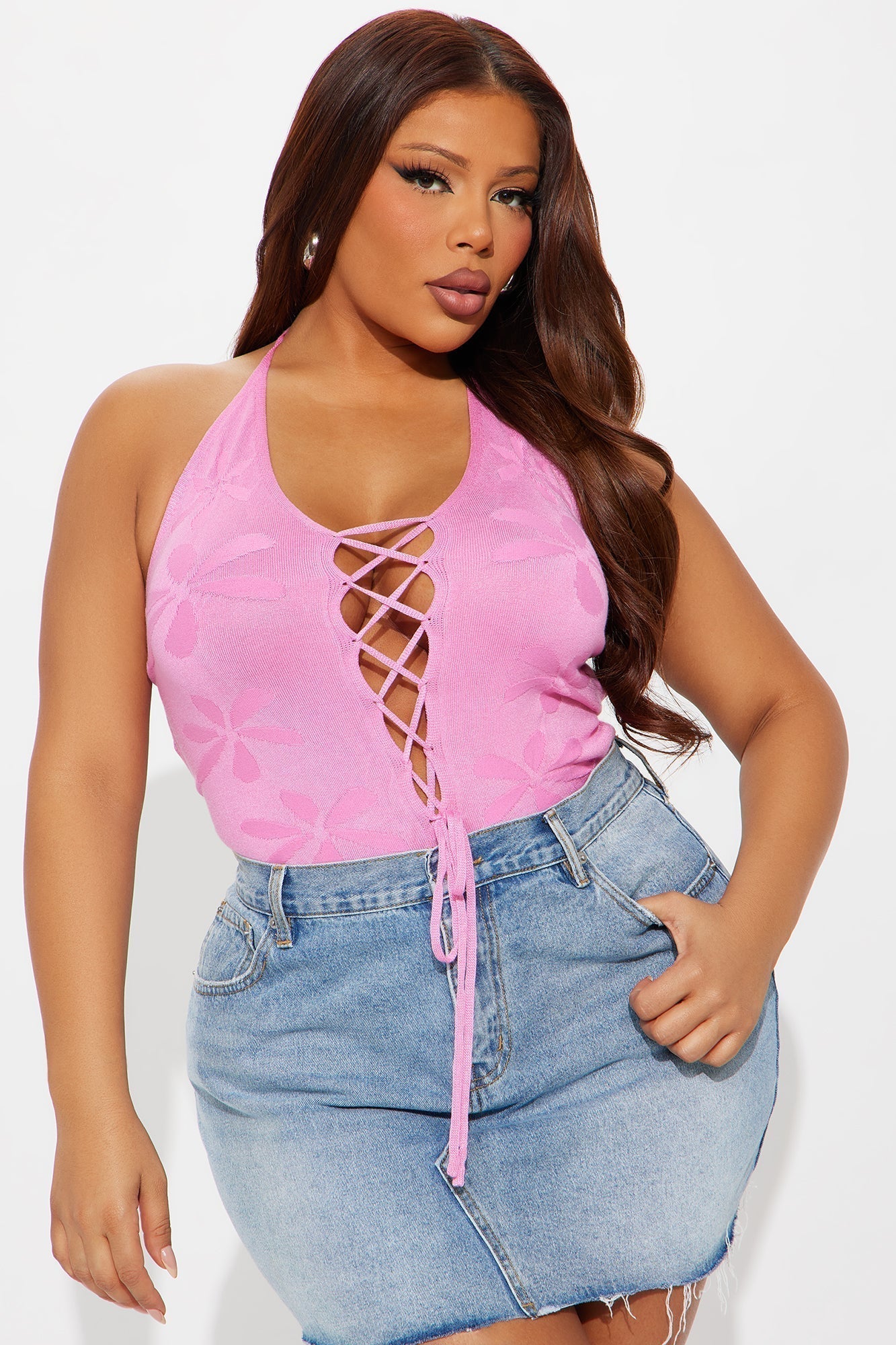 Solo Traveler Lace Up Halter Bodysuit - Pink
