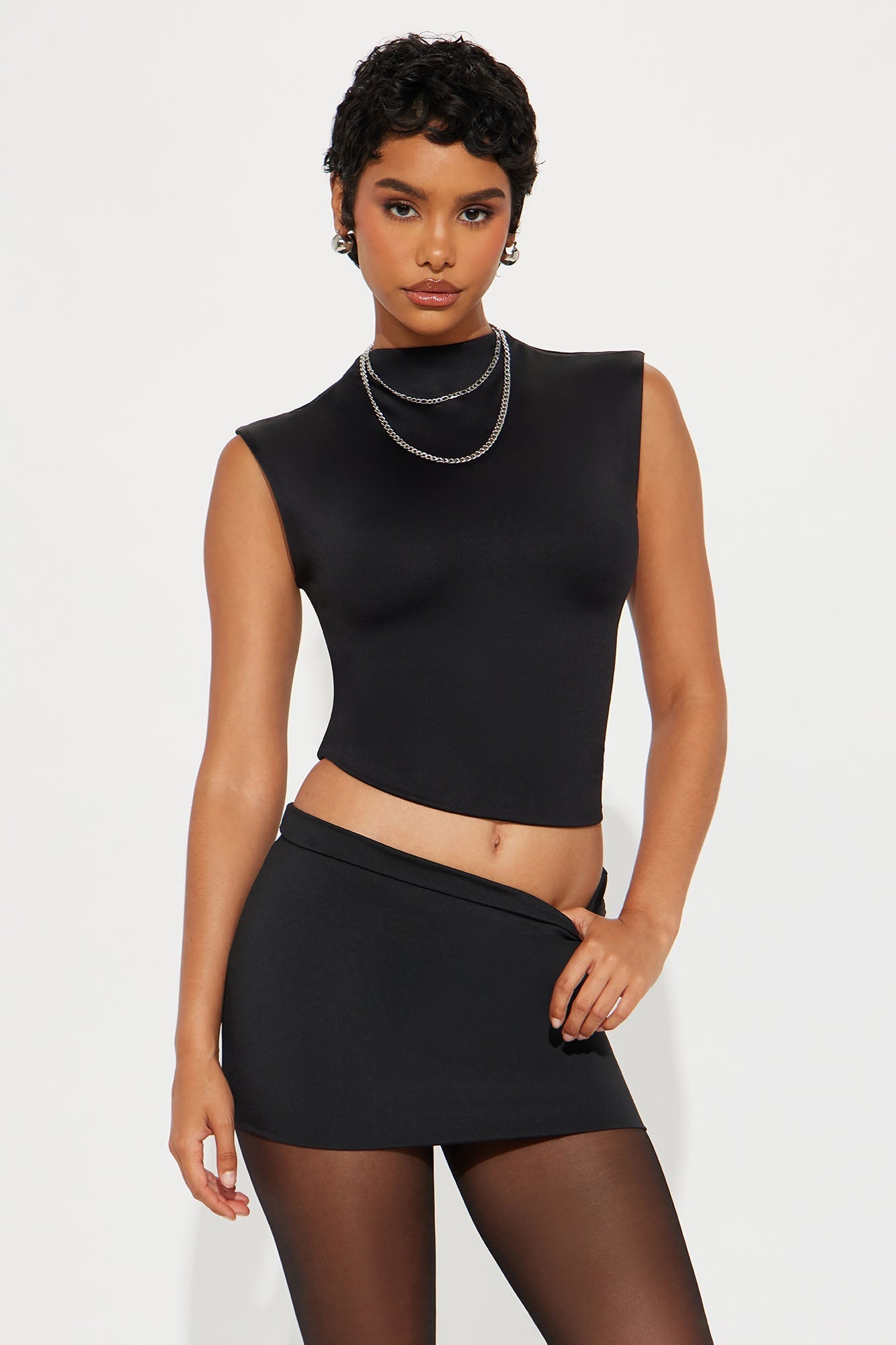 Contour Double Lined Mock Neck Top - Black