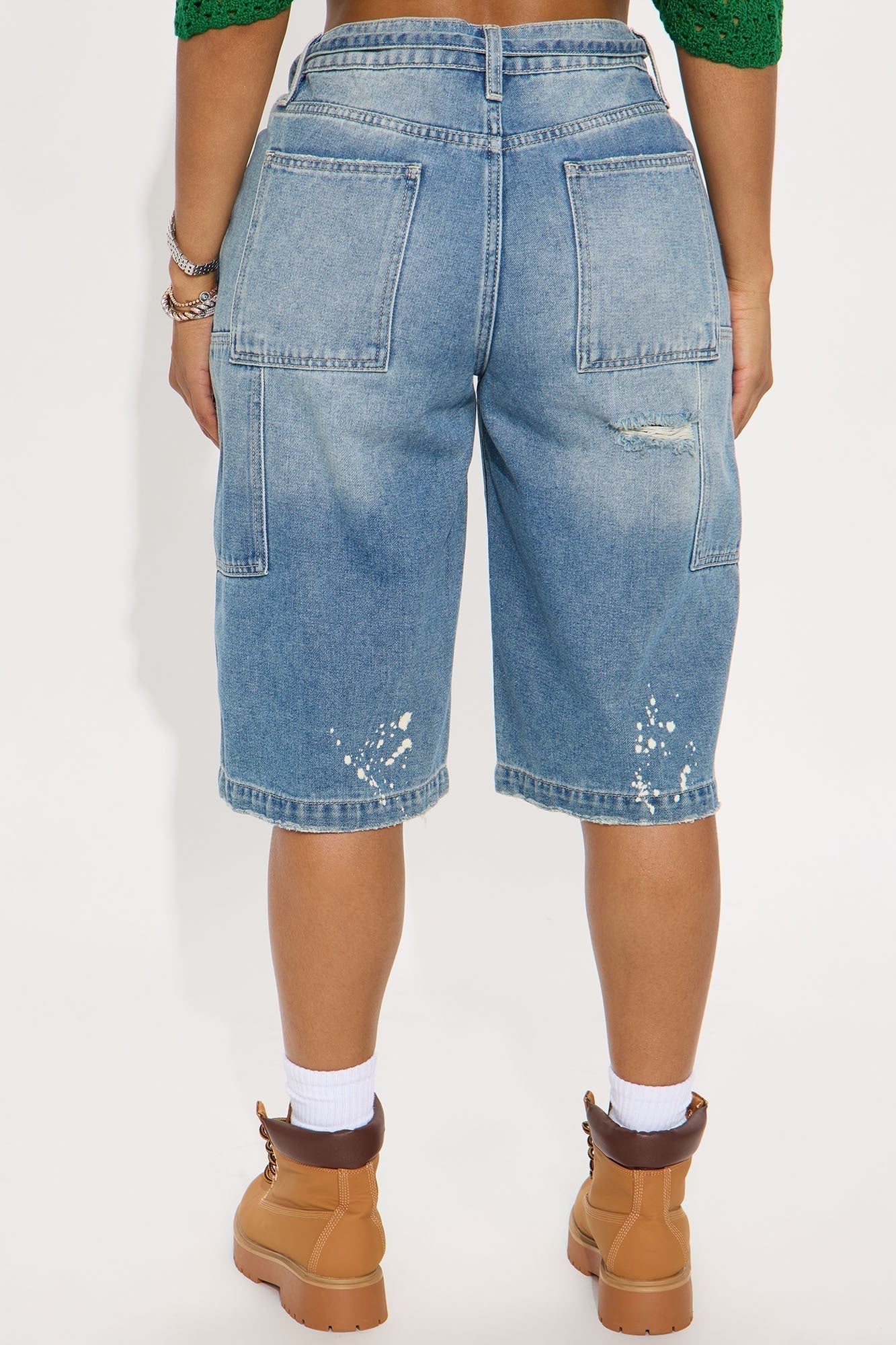 Ripped Bleached Denim Jorts - Medium Wash