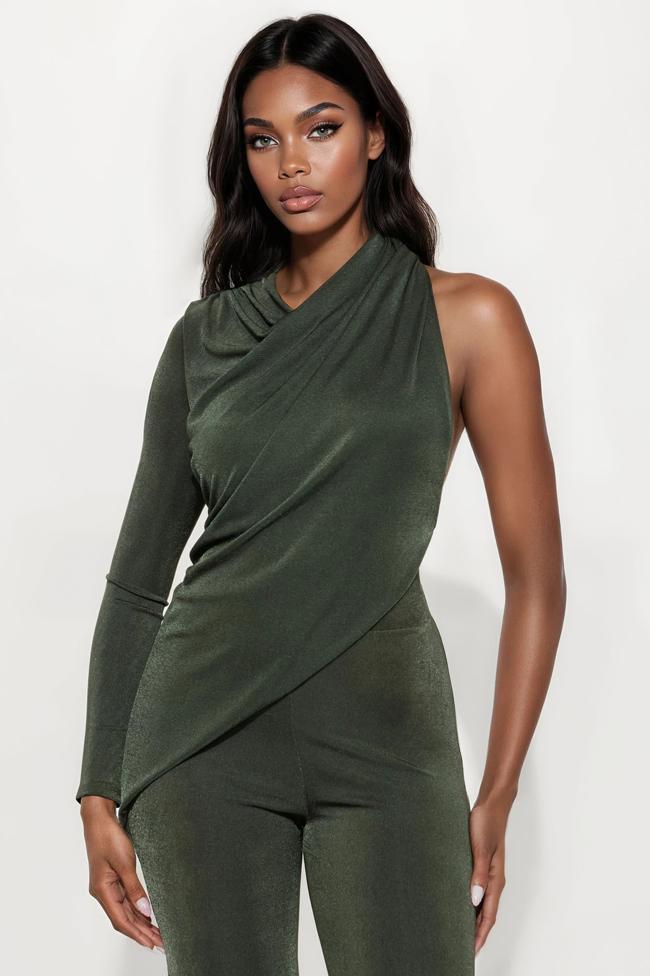 Rebecca One Shouder Draped Jumpsuit - Dark Olive