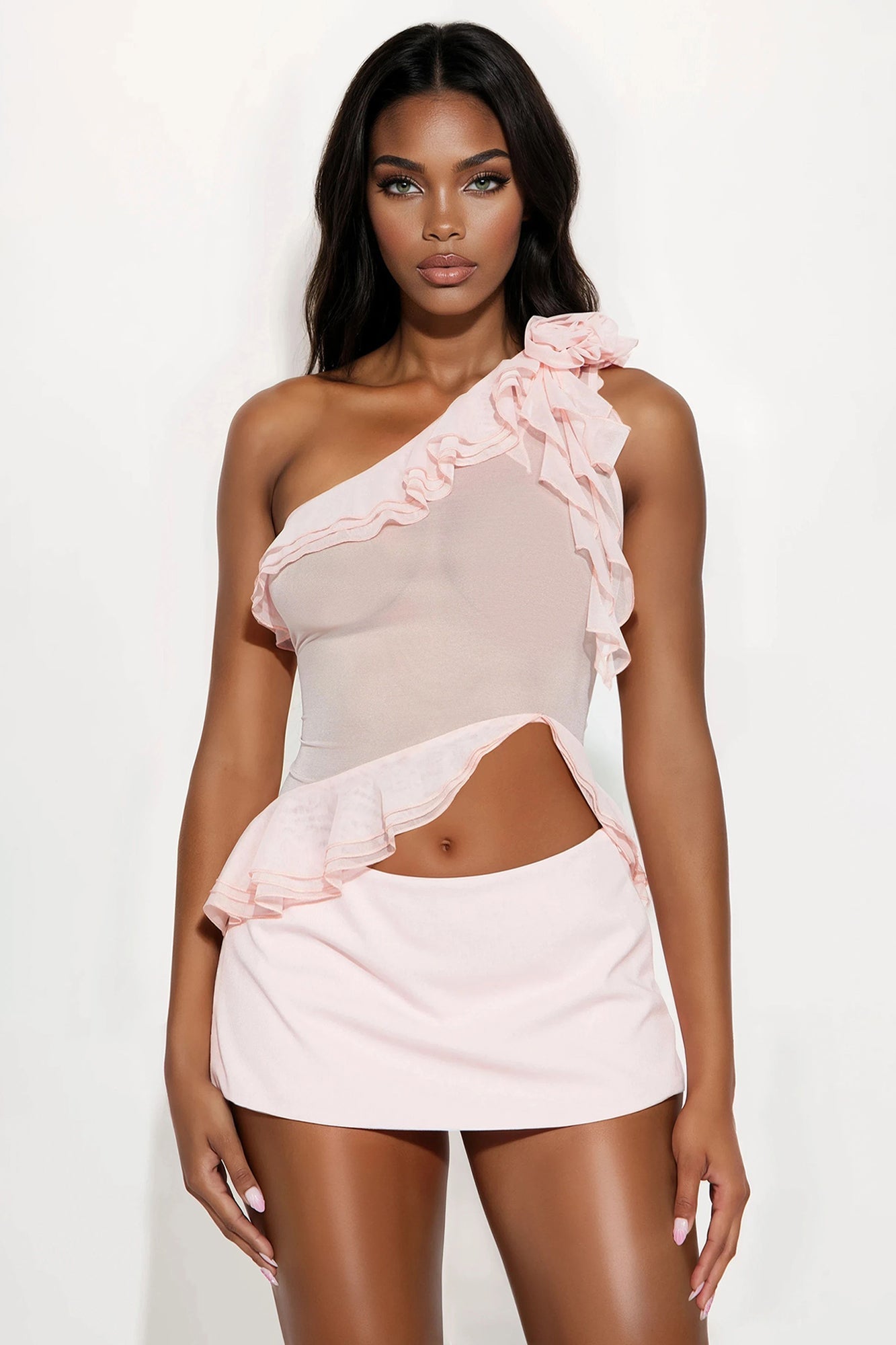 Latest Inspiration Mesh One Shoulder Ruffle Top - Pink