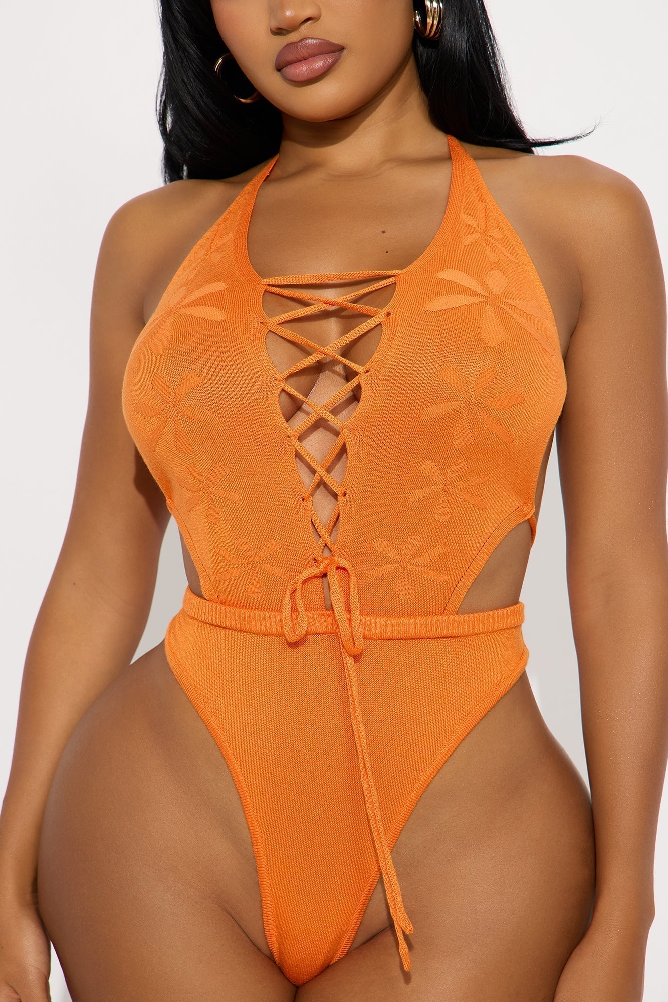 Solo Traveler Lace Up Halter Bodysuit - Orange