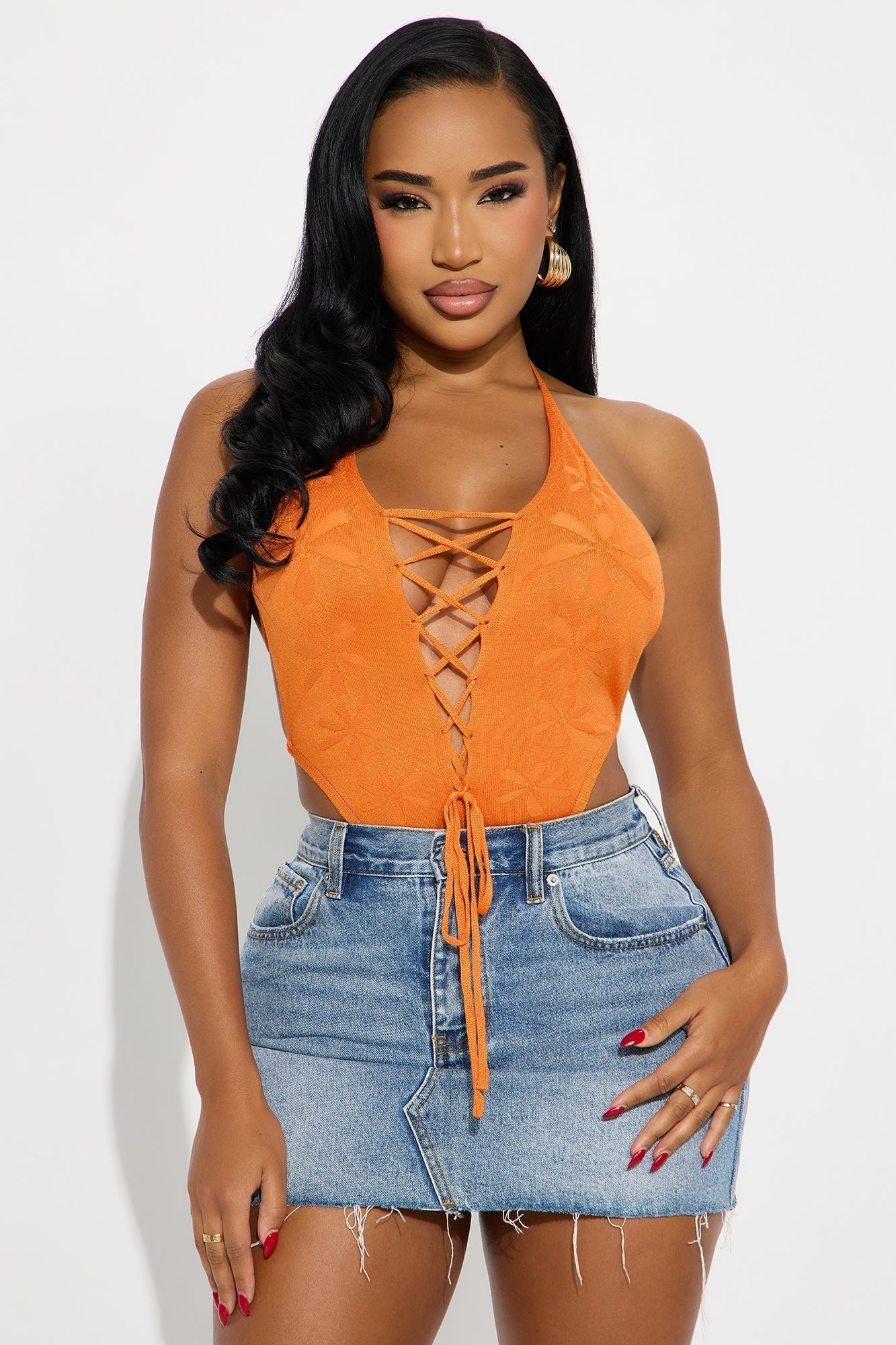 Solo Traveler Lace Up Halter Bodysuit - Orange