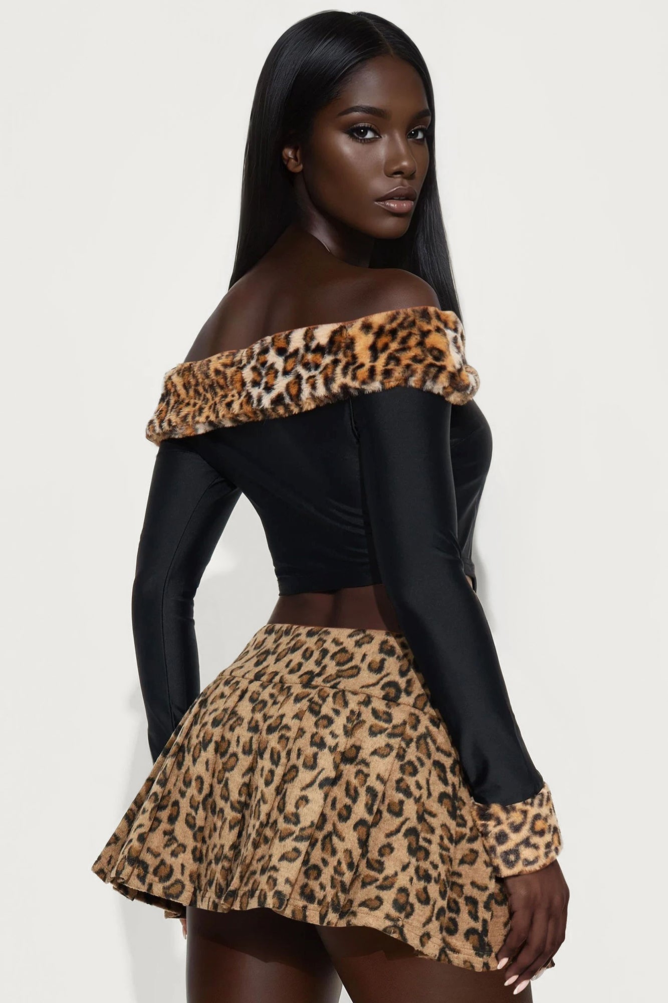 Romy Fur Trim Off Shoulder Top - Black/combo