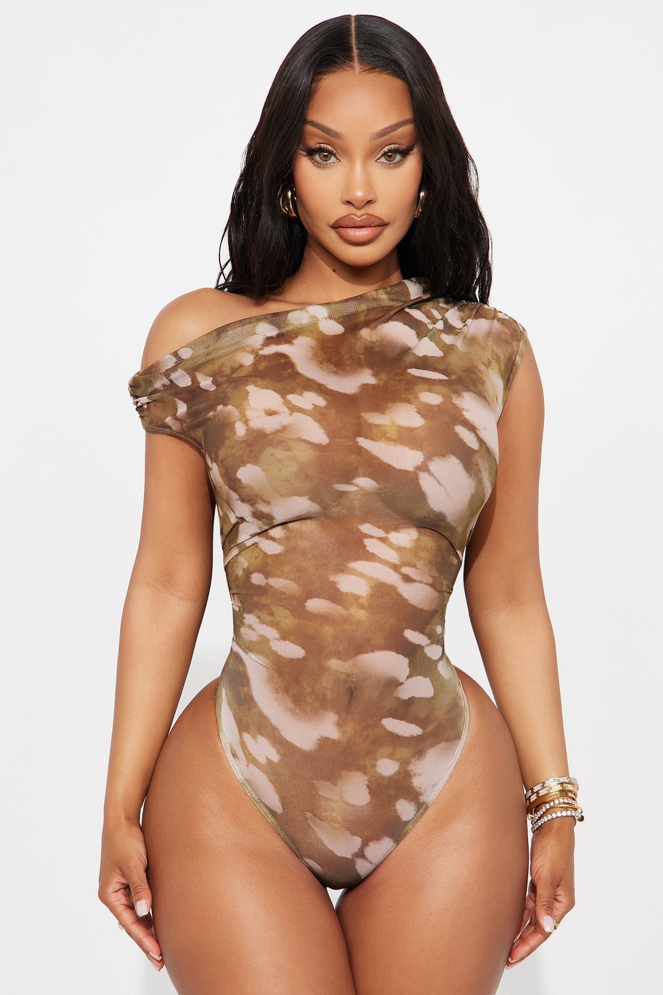Cameron Ruched Mesh Off Shoulder Bodysuit - Green/combo