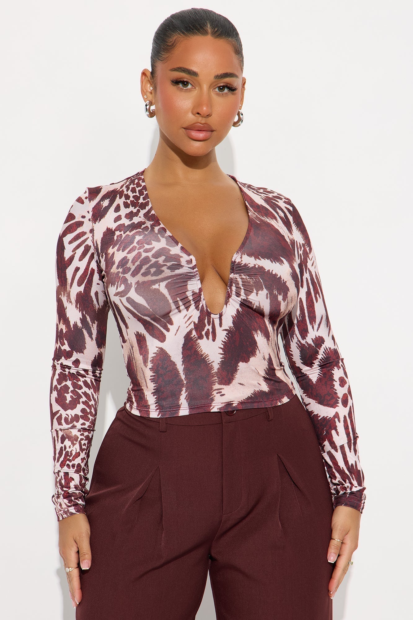 Coco Ruched Long Sleeve Top - Brown/combo