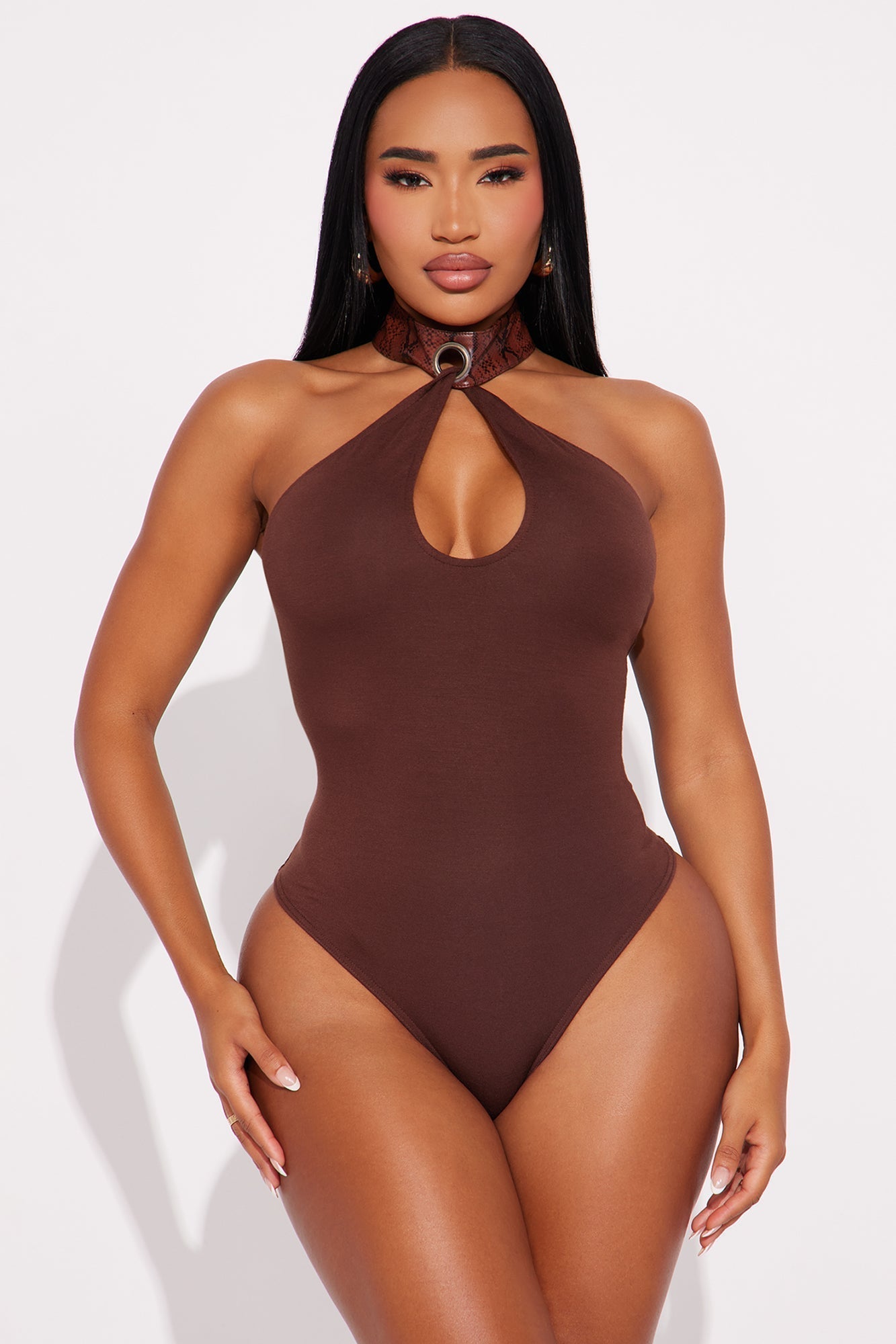 First-Class Getaway Halter Cut Out Bodysuit - Brown